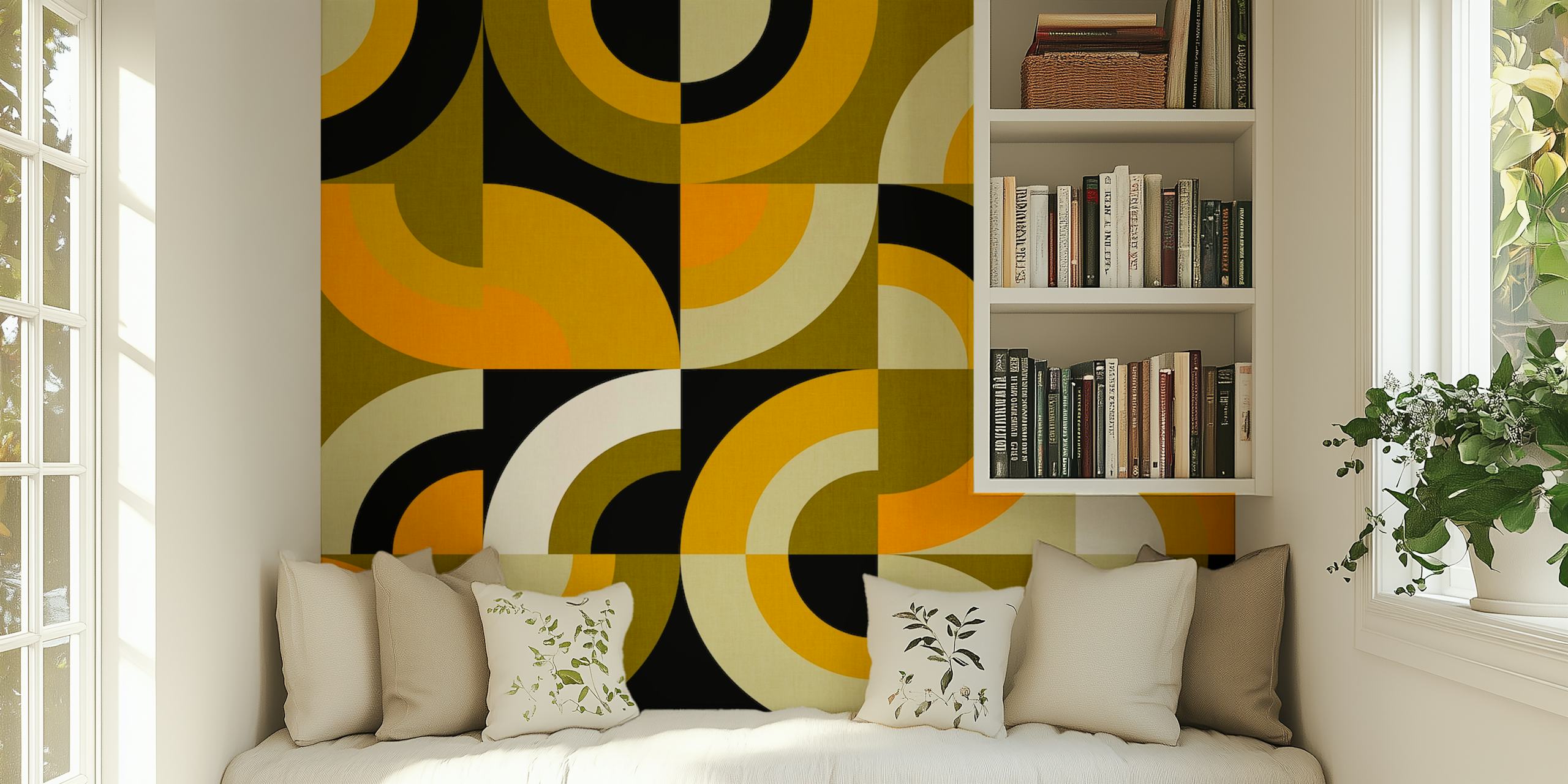 Geometric arcs pattern in mustard yellow, black, and white wallpaper
