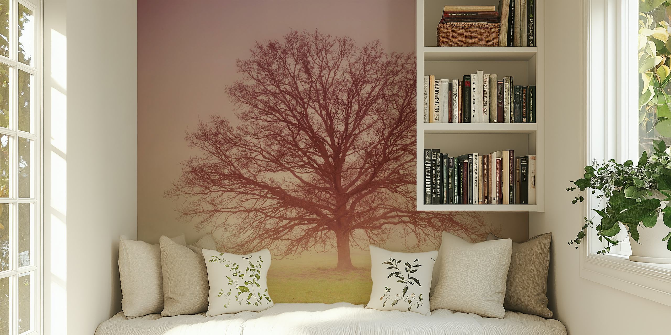 Fotomural árbol solitario en un campo brumoso para decoración del hogar