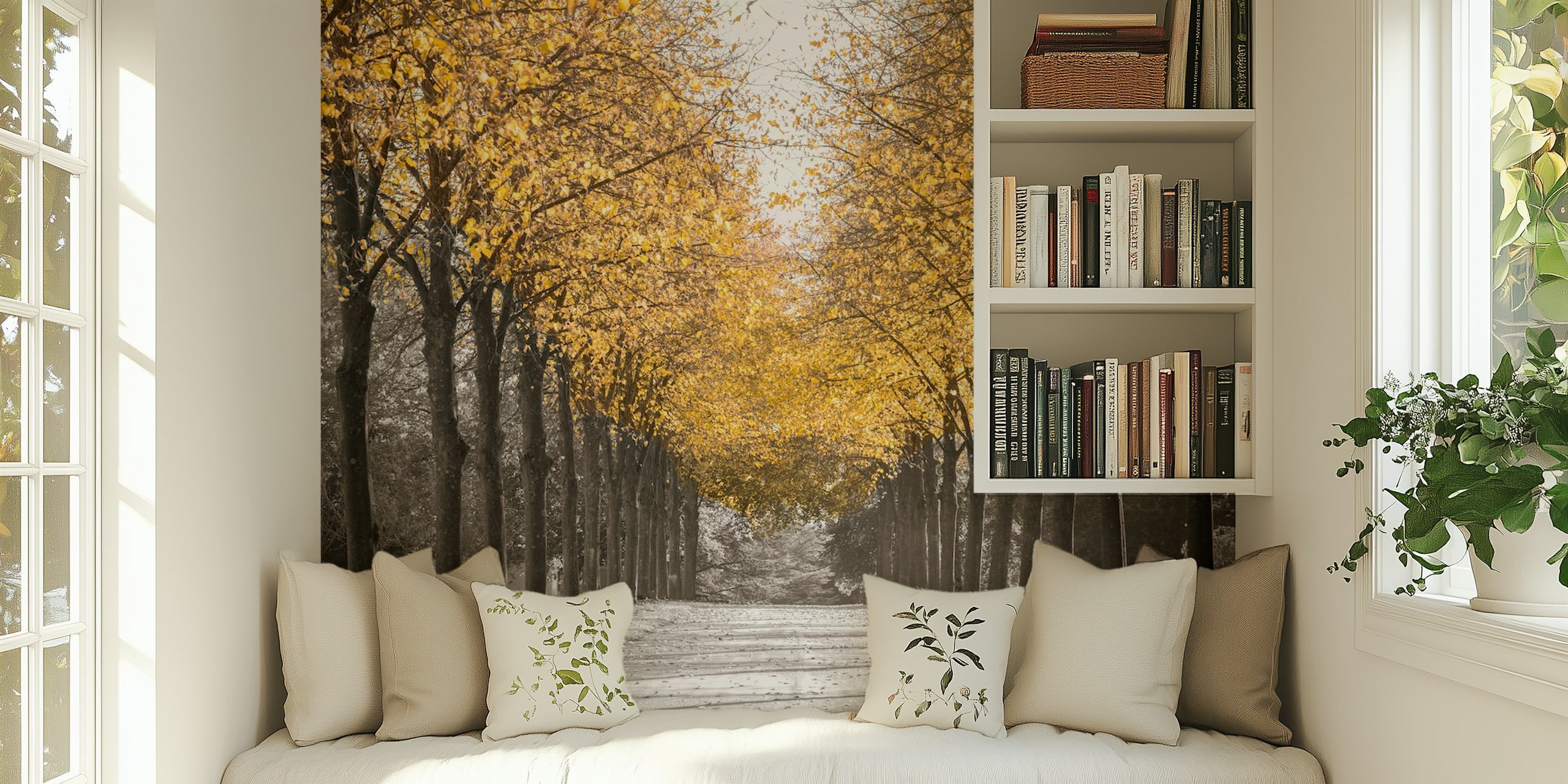 Elegante mural de parede de um caminho arborizado com folhas douradas, em tons monocromáticos e dourados.