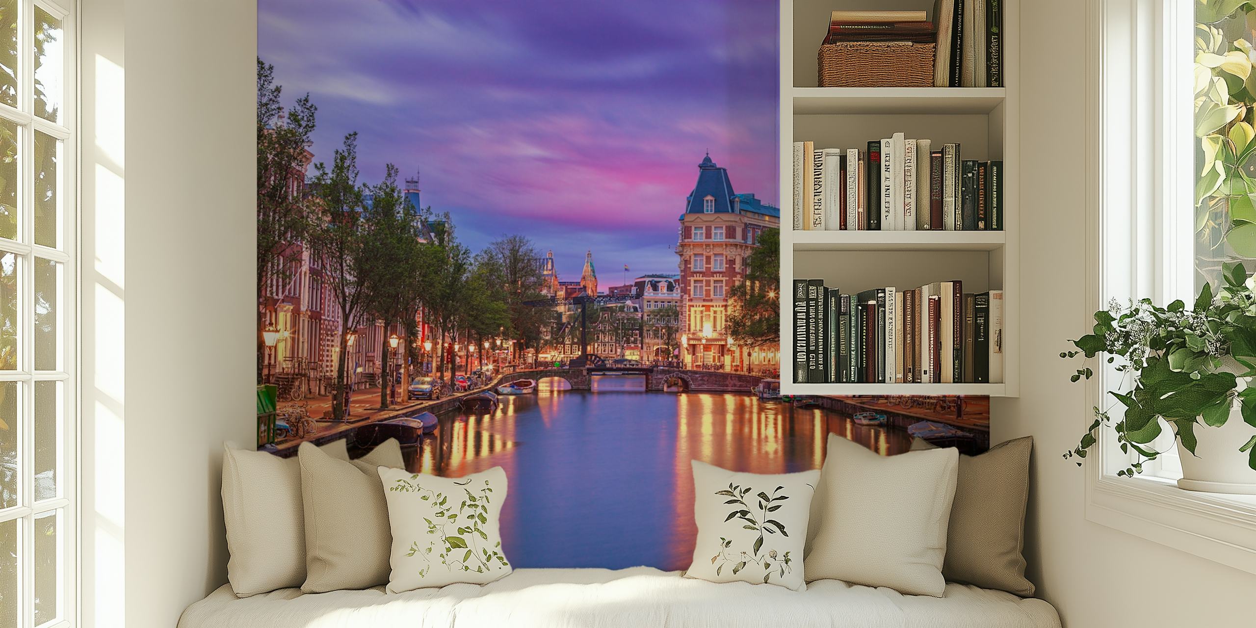 Amsterdam evening river canal with reflections and buildings wallpaper