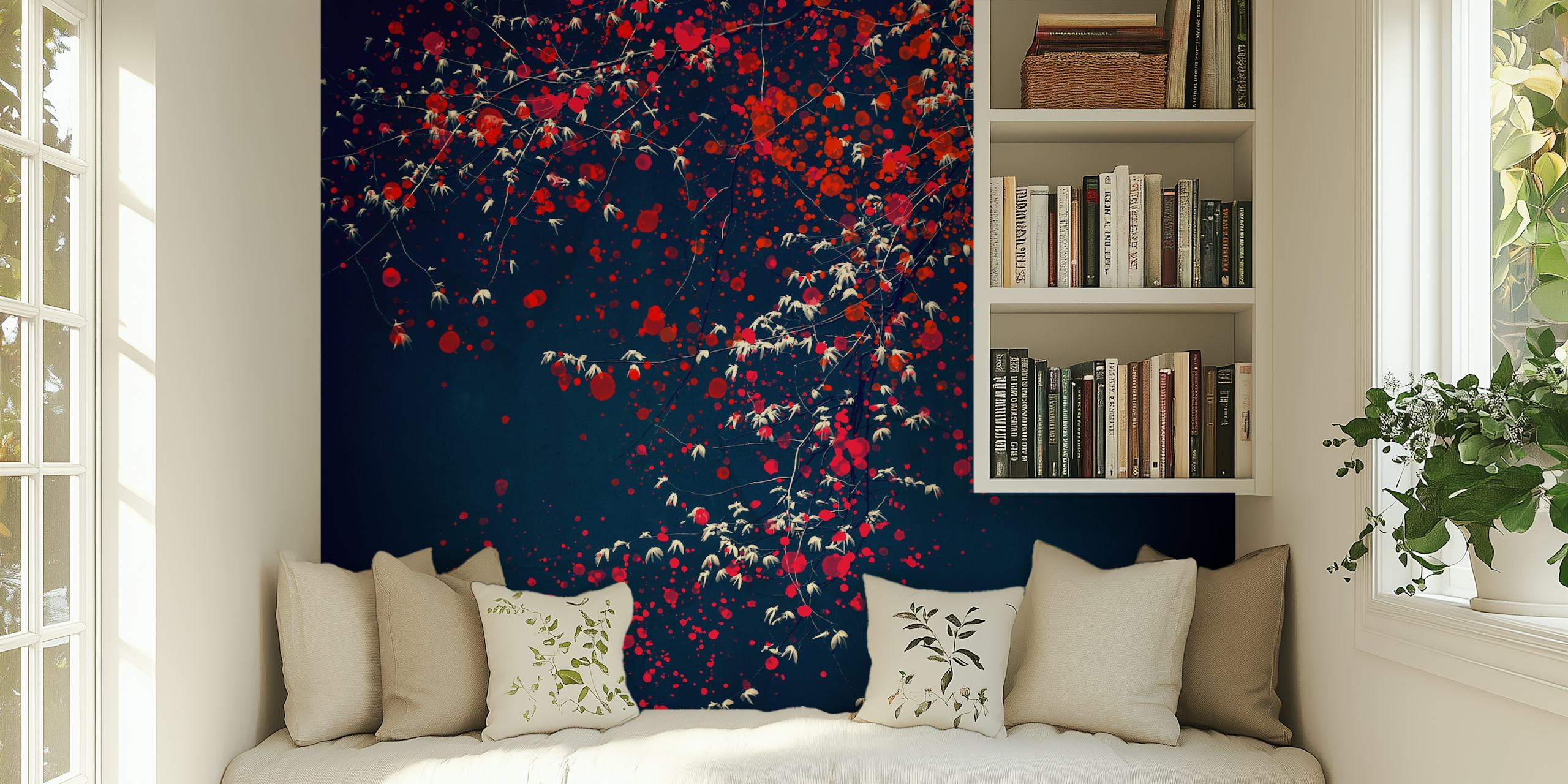 Abstract wall mural of a tree with red and white blossoms against a dark blue background