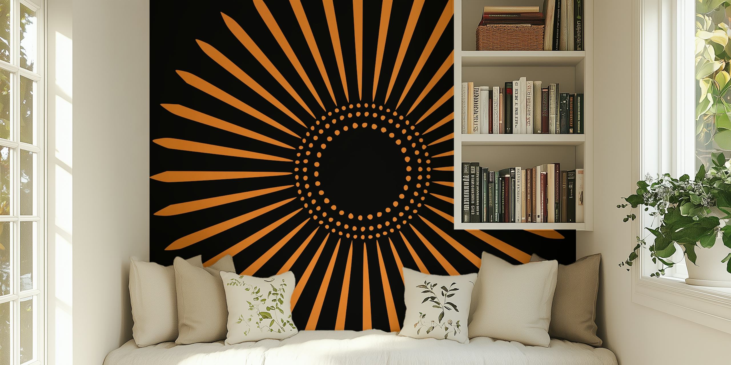 Mandala patroon in oranje op zwarte achtergrond wallpaper