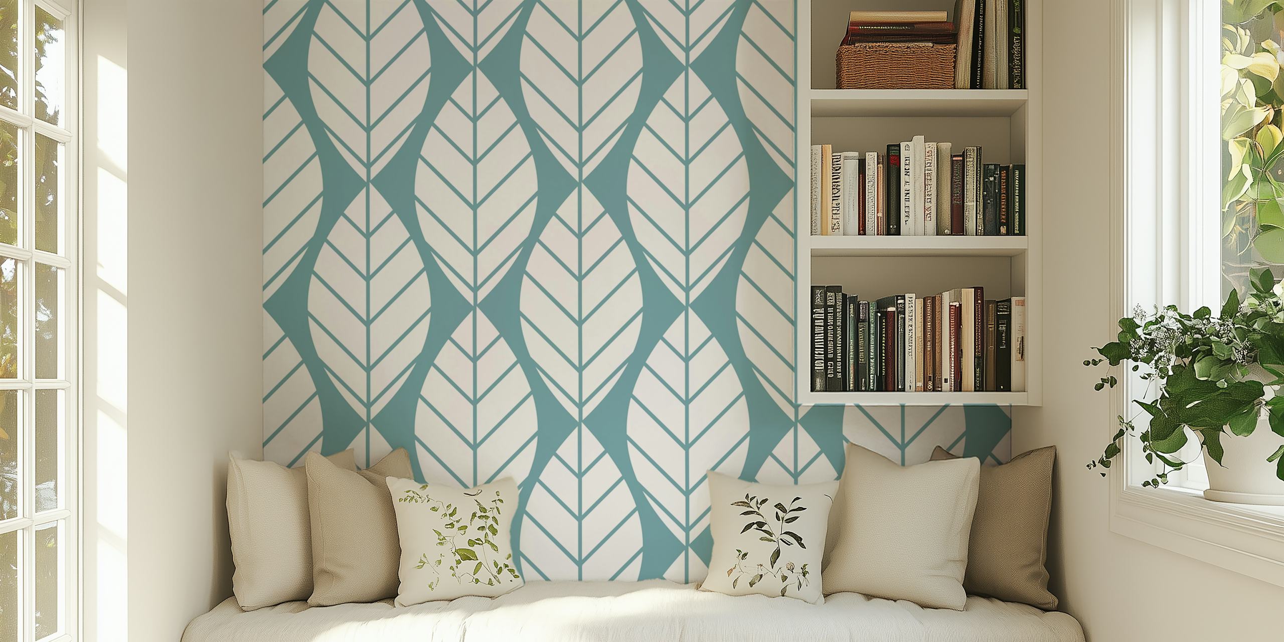 Mint green leaves pattern wallpaper in a room