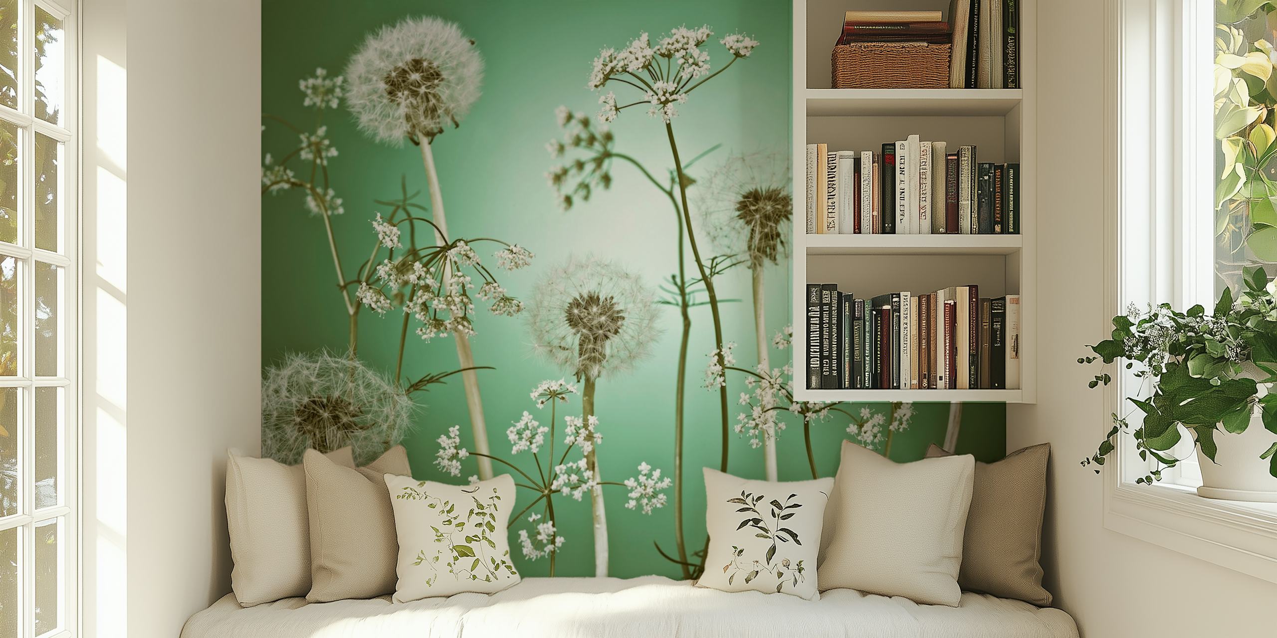 Dandelion floral patterns in white on green wallpaper