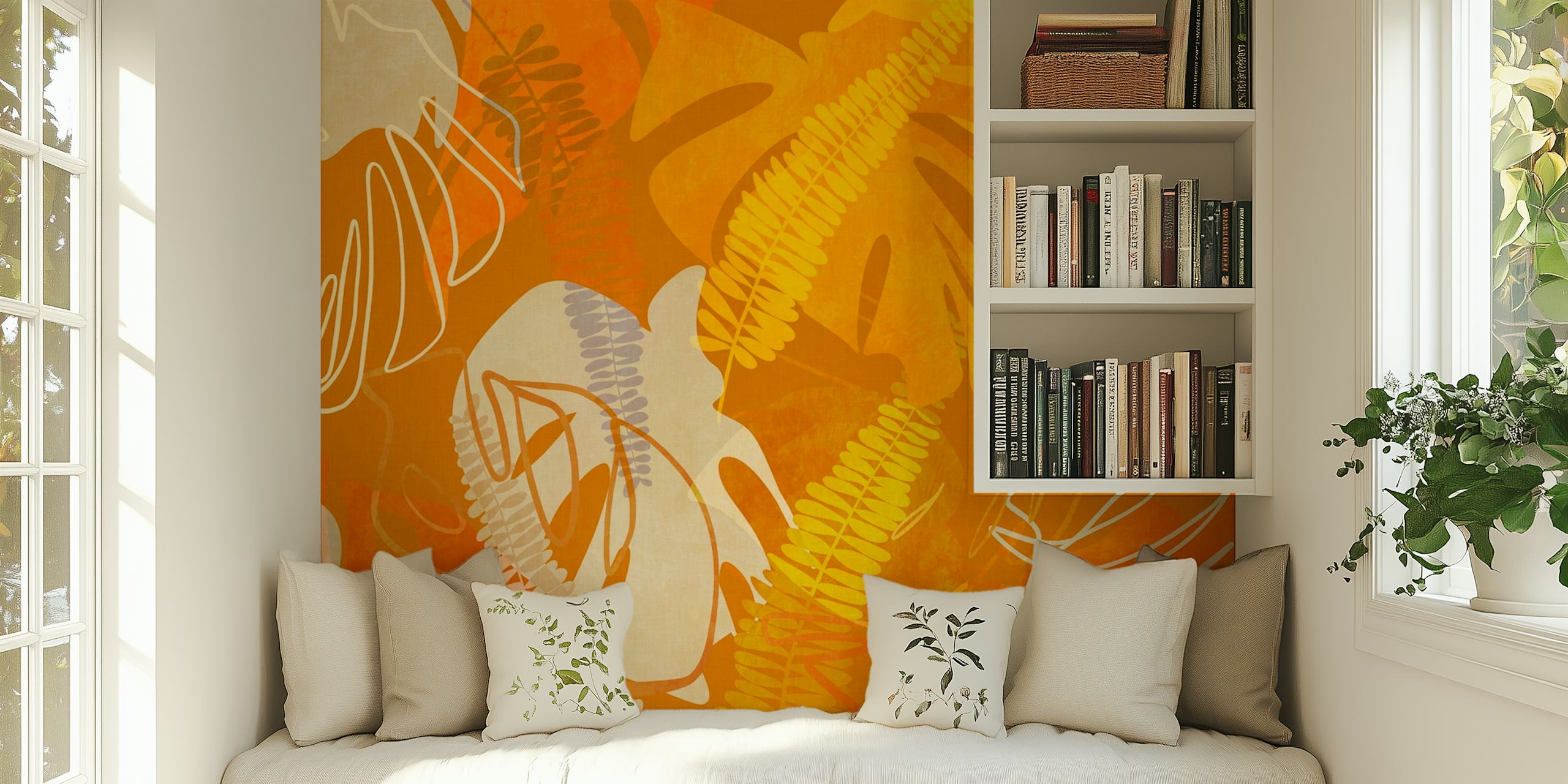 A wall mural with a leaves pattern in curry orange tones