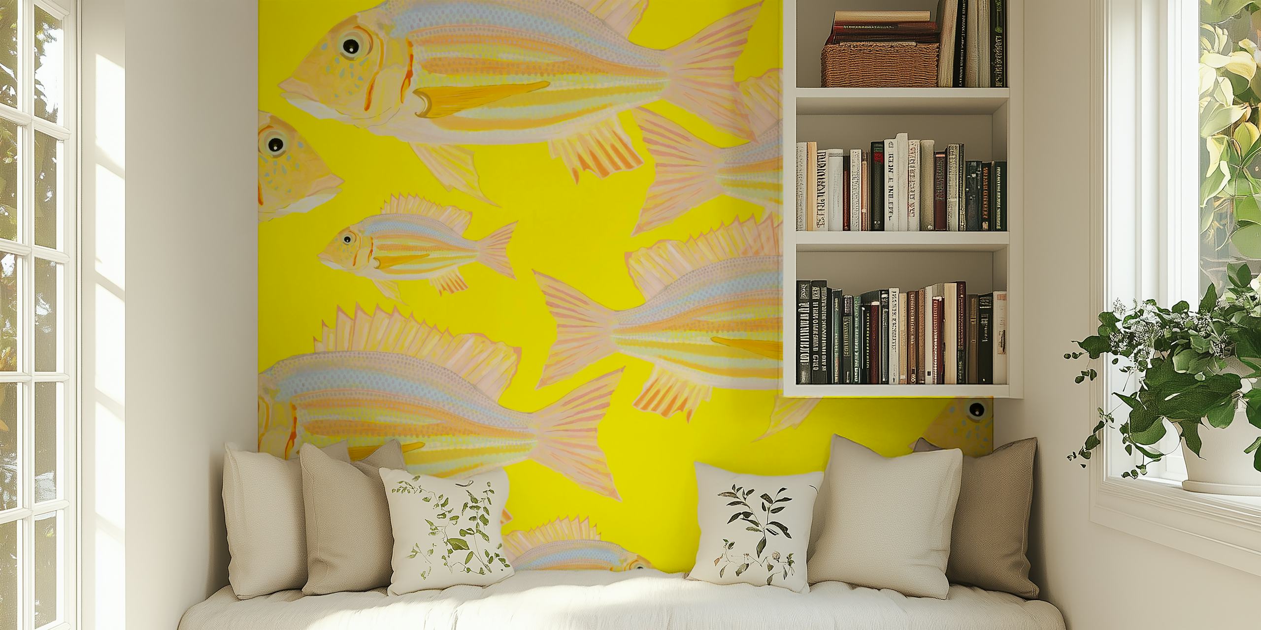 Bright sand bream fish pattern on yellow background wall mural