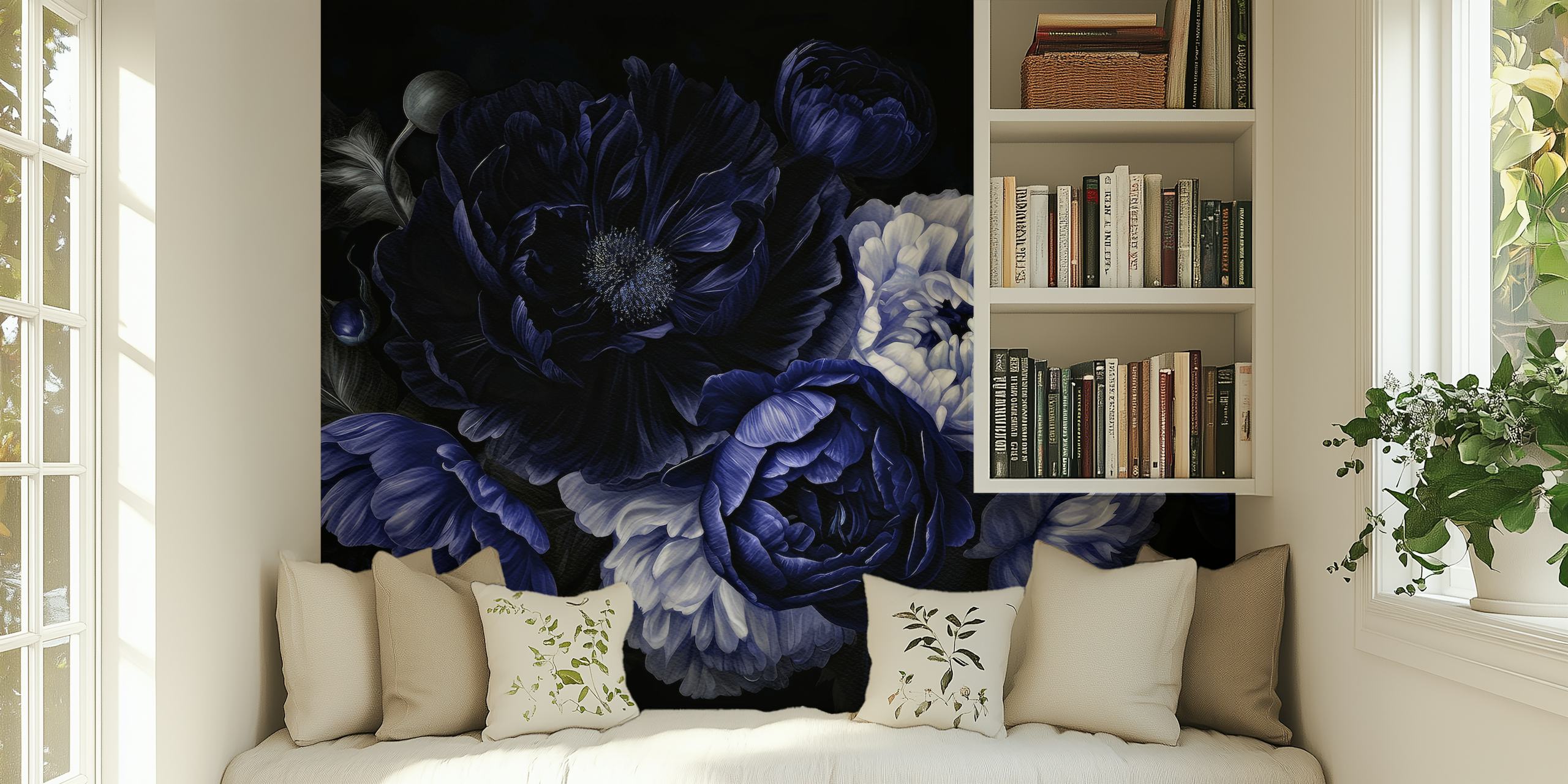 Elegant and moody blue floral wall mural featuring peonies and roses in a vintage baroque style.