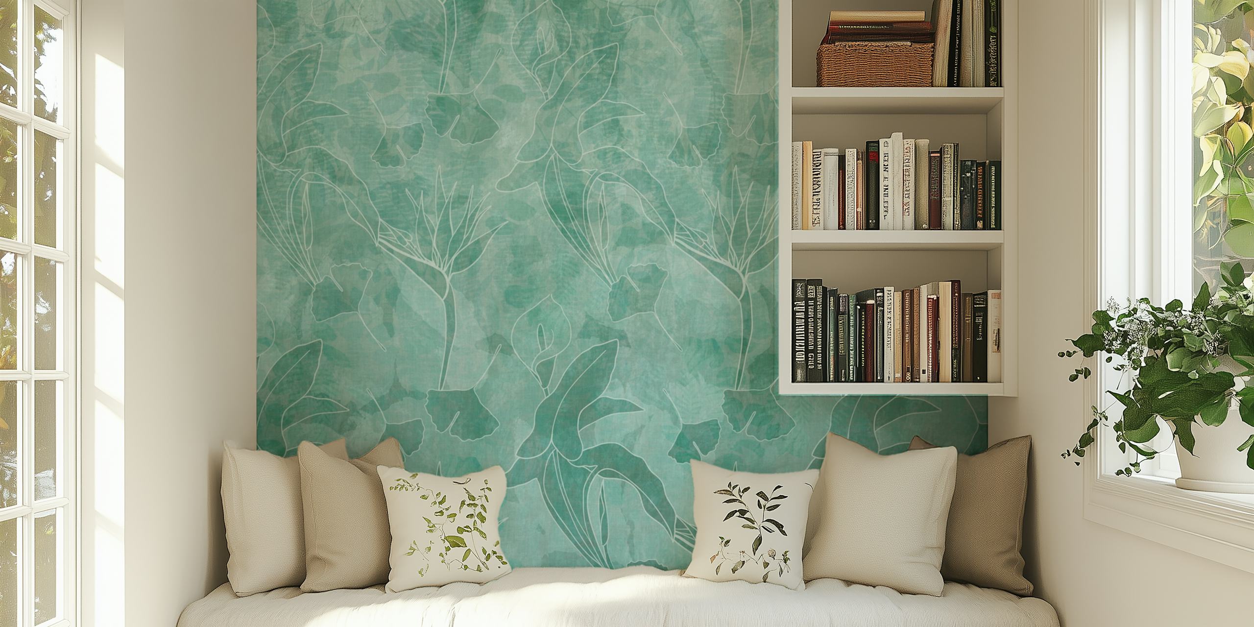 Green tropical leaves pattern in soft green tones wallpaper