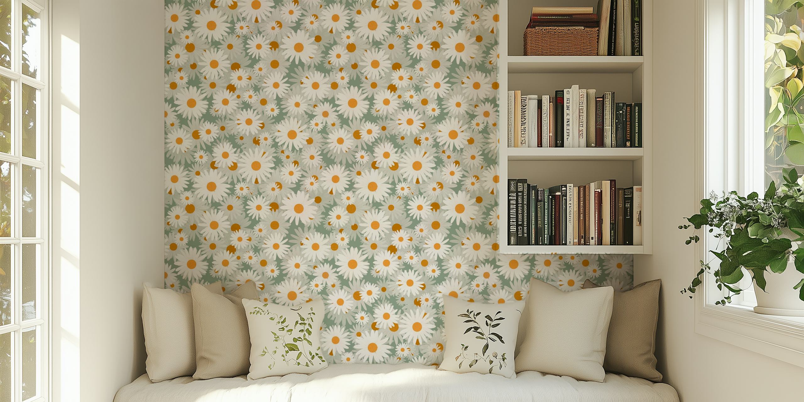 White daisies with yellow centers on a light blue background wallpaper