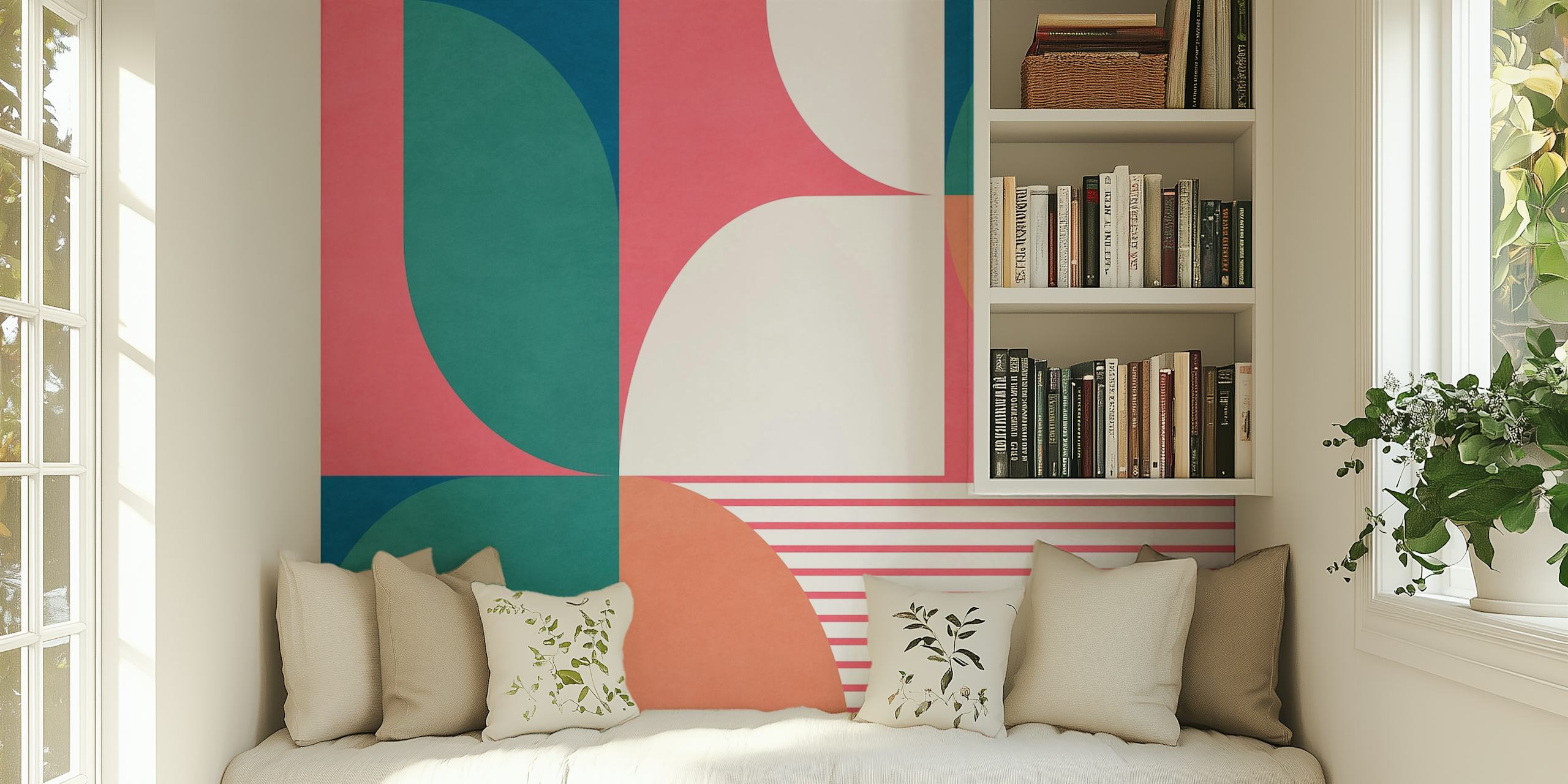 Geometric shapes in pink, green, and blue colors wallpaper