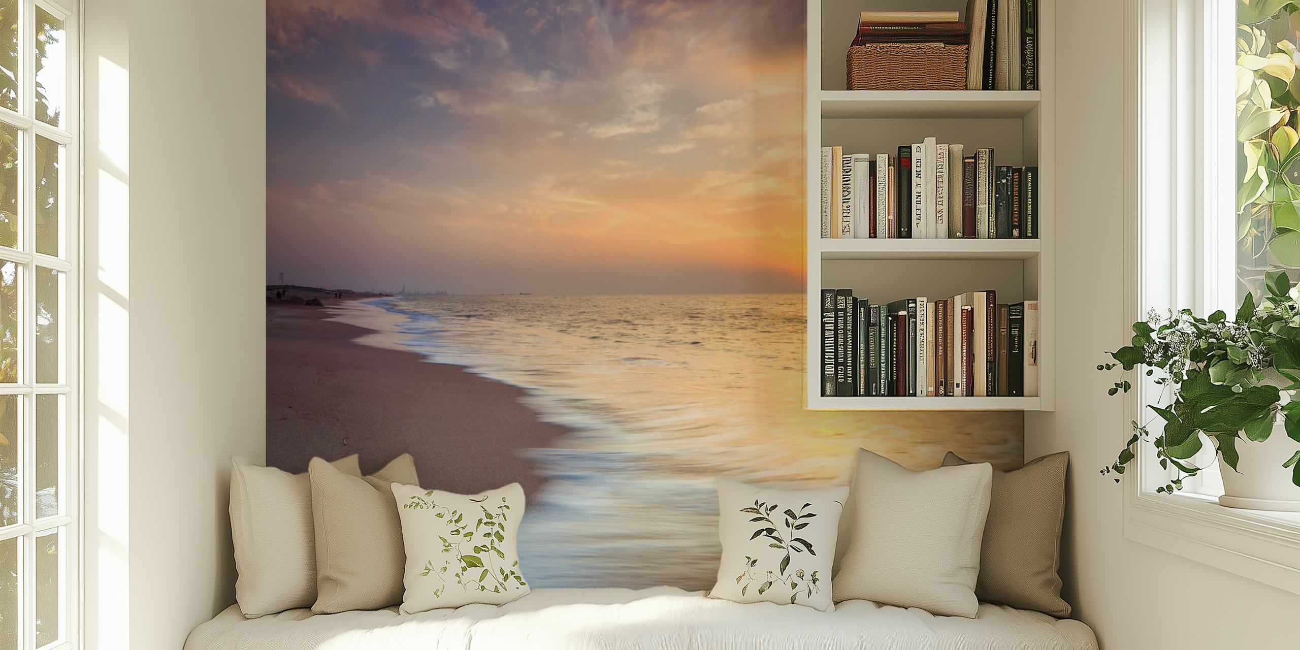 Beach sunset with waves on the shore, soft orange and blue hues, landscape wallpaper