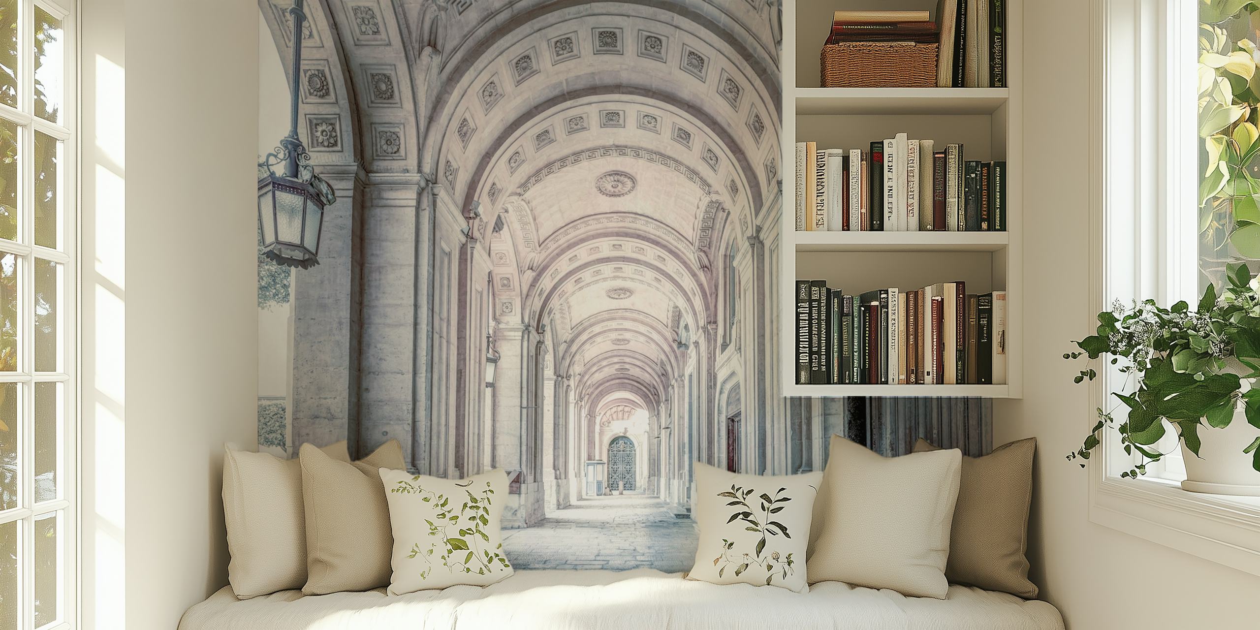 Soft gray architectural wallpaper featuring arched doorways and intricate details