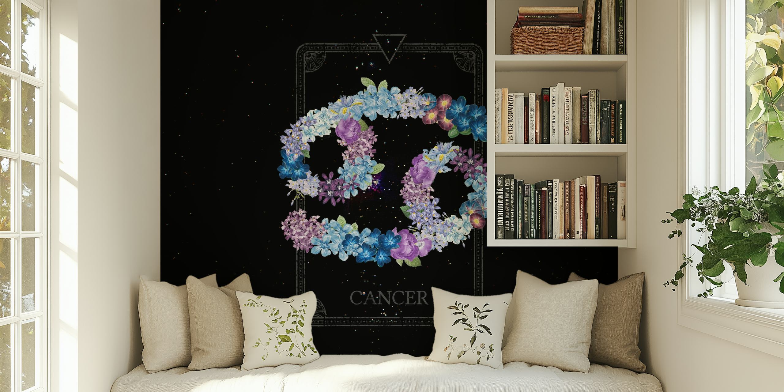 Floral Zodiac Sign in blue and purple colors on black background wall mural
