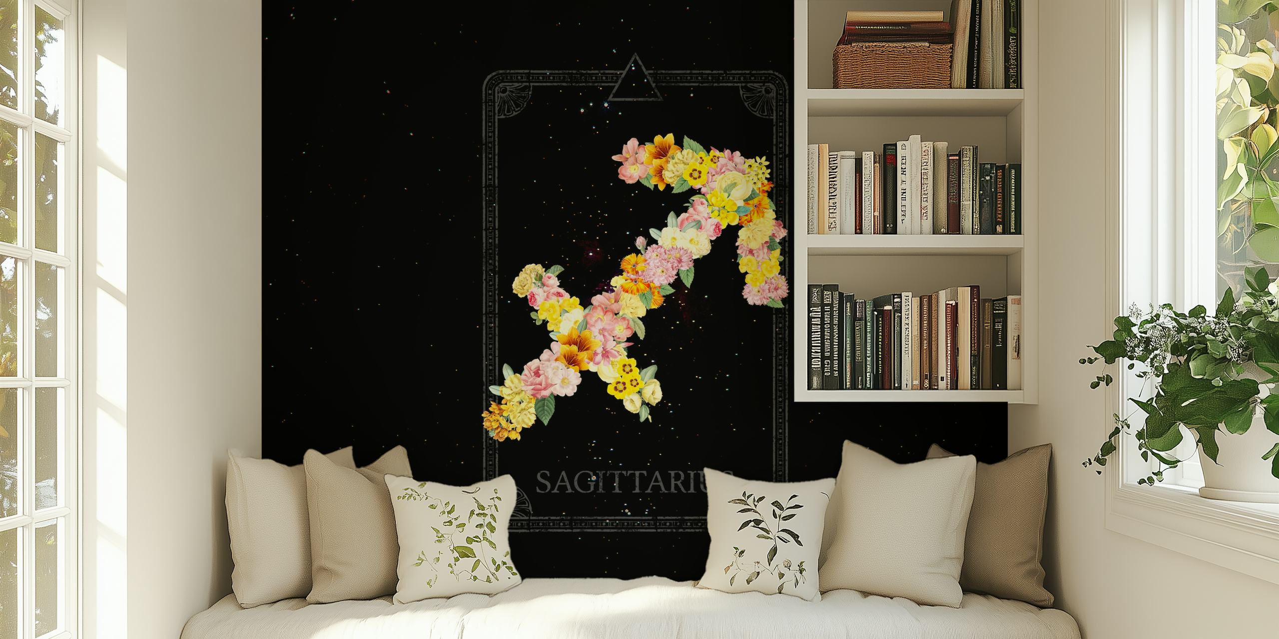 Floral Zodiac Sign: Sagittarius-τοιχογραφία με αστερισμούς και λουλούδια σε αστερισμένο φόντο