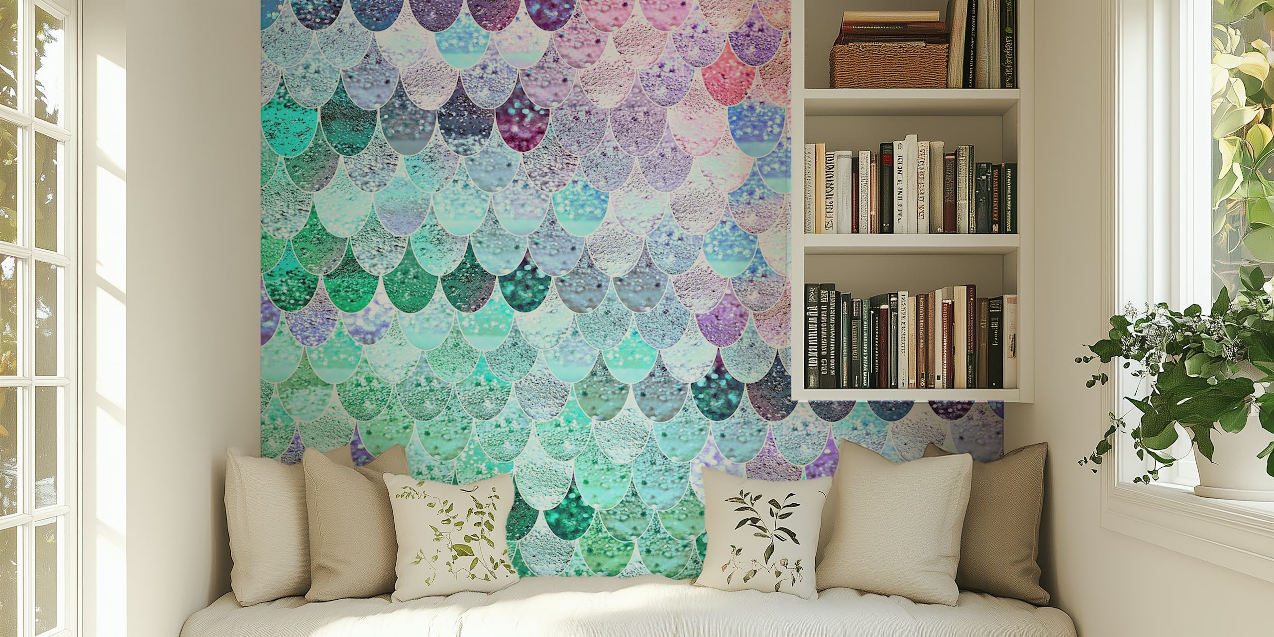 Colorful mermaid scale pattern in shades of blue, pink, and green wallpaper