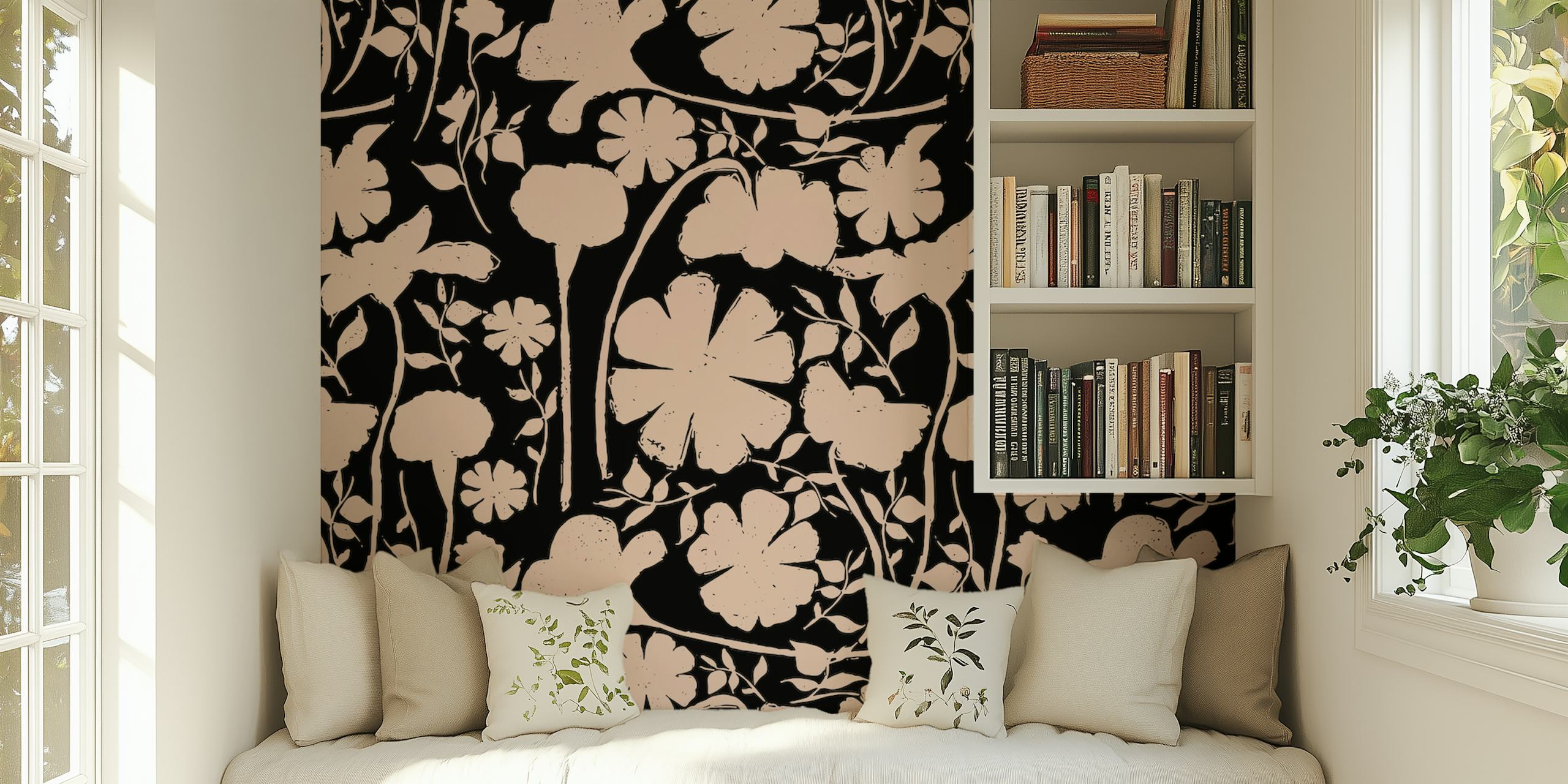 Floral motifs in soft mocha on black background wallpaper
