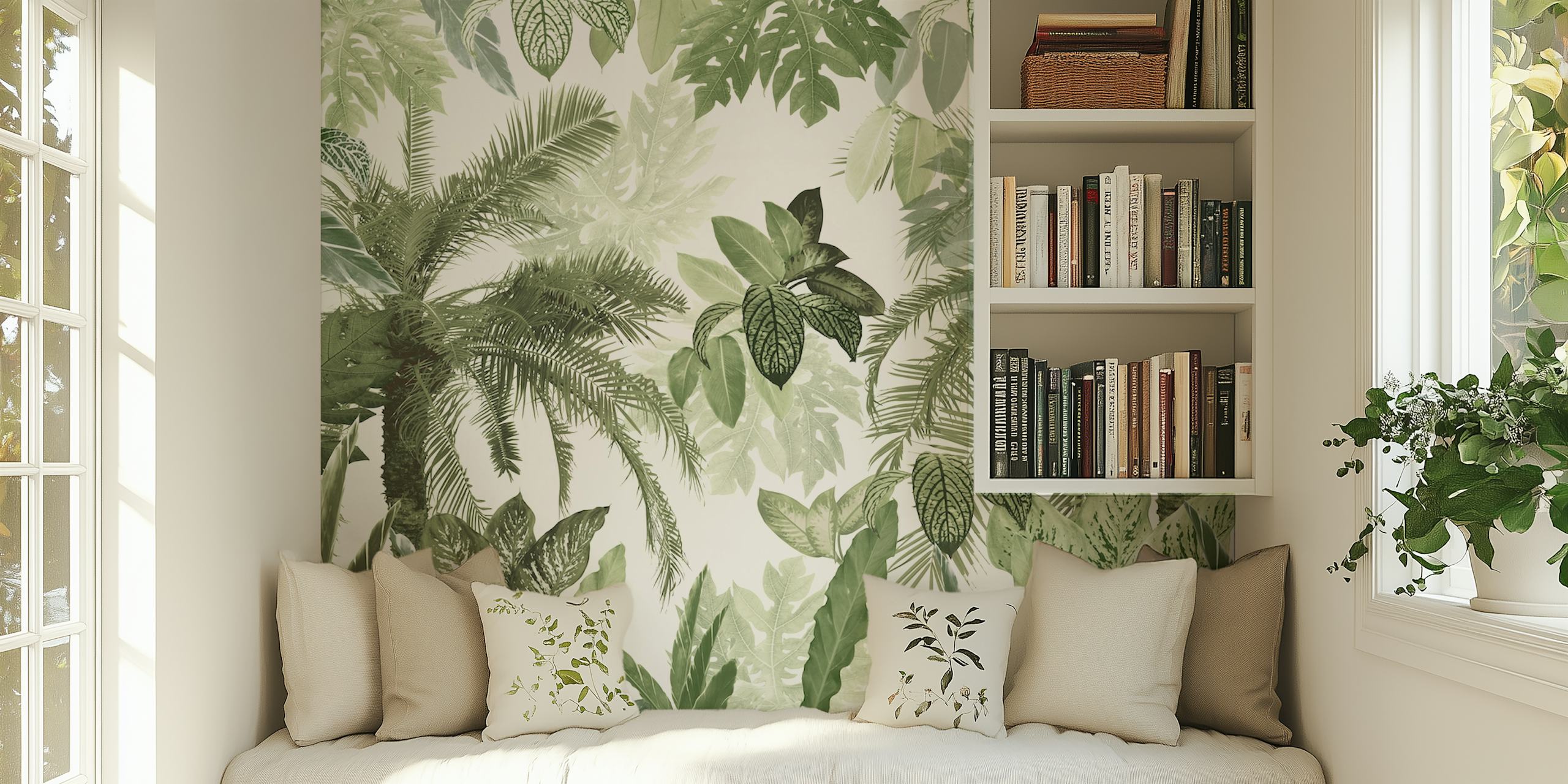 A sophisticated tropical jungle leaves wall mural showcasing a variety of green foliage with a vintage flair