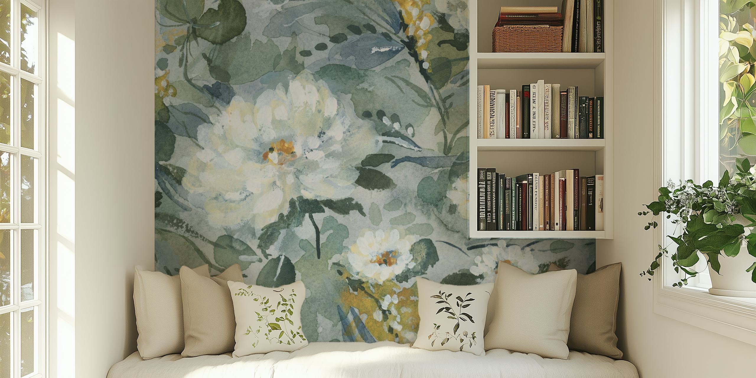 Watercolor floral pattern in green and white tones wallpaper