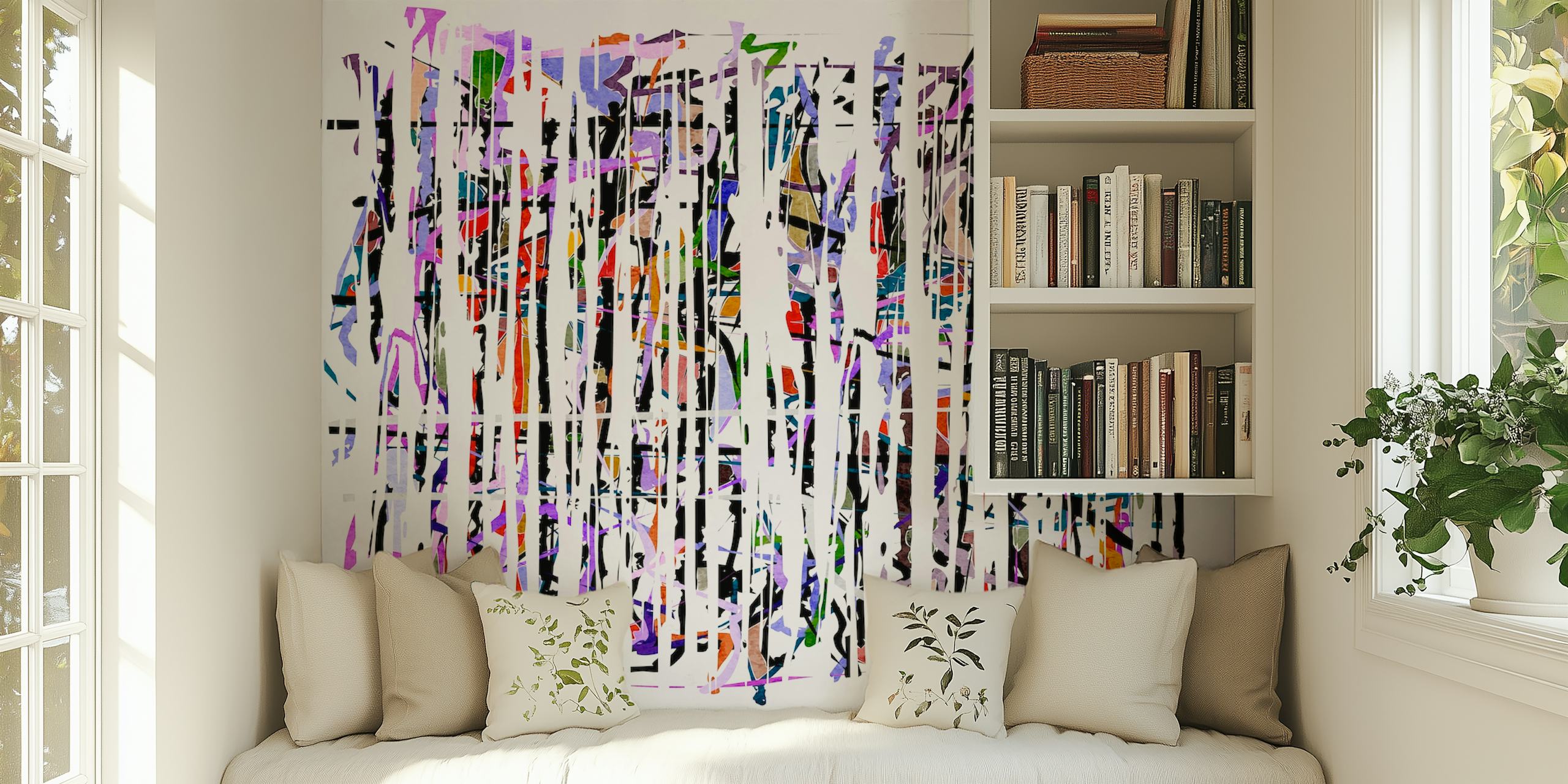 Colorful abstract brush strokes with white vertical lines wallpaper