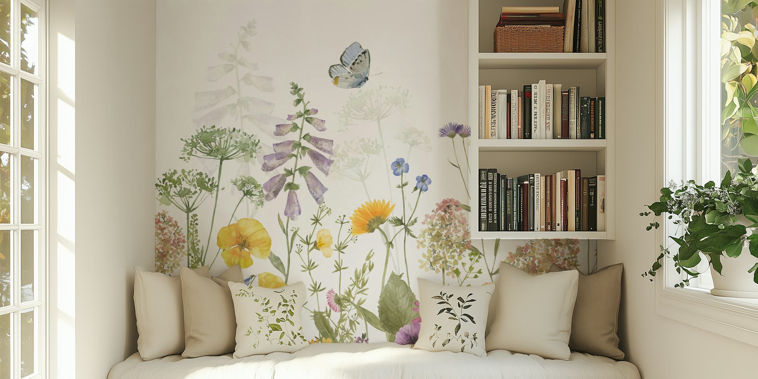 Bunte Blumenwiese mit verschiedenen Wildblumen und Schmetterlingen, watercolor Stil Wallpaper