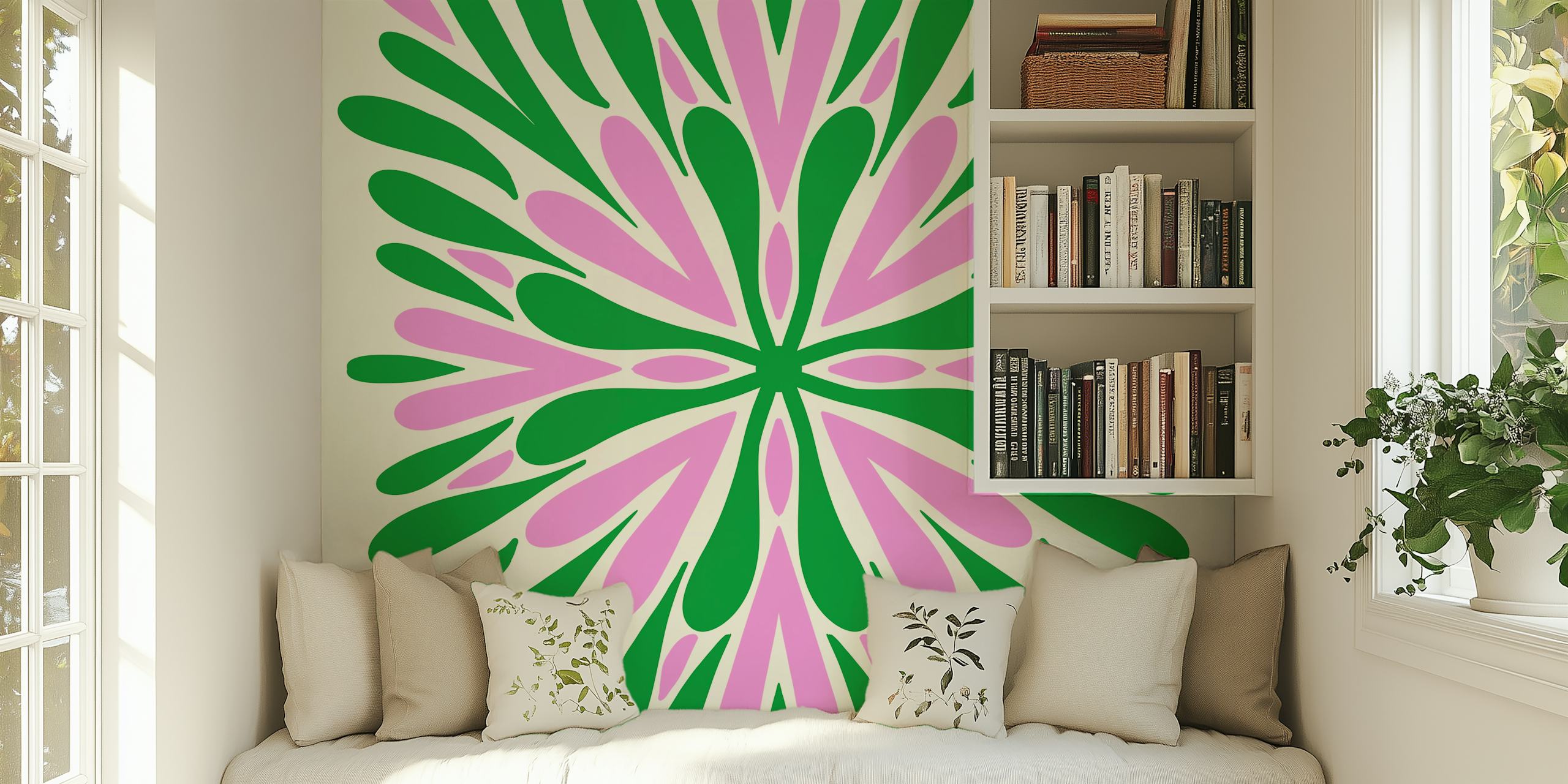 Floral design with pink and green petals wallpaper