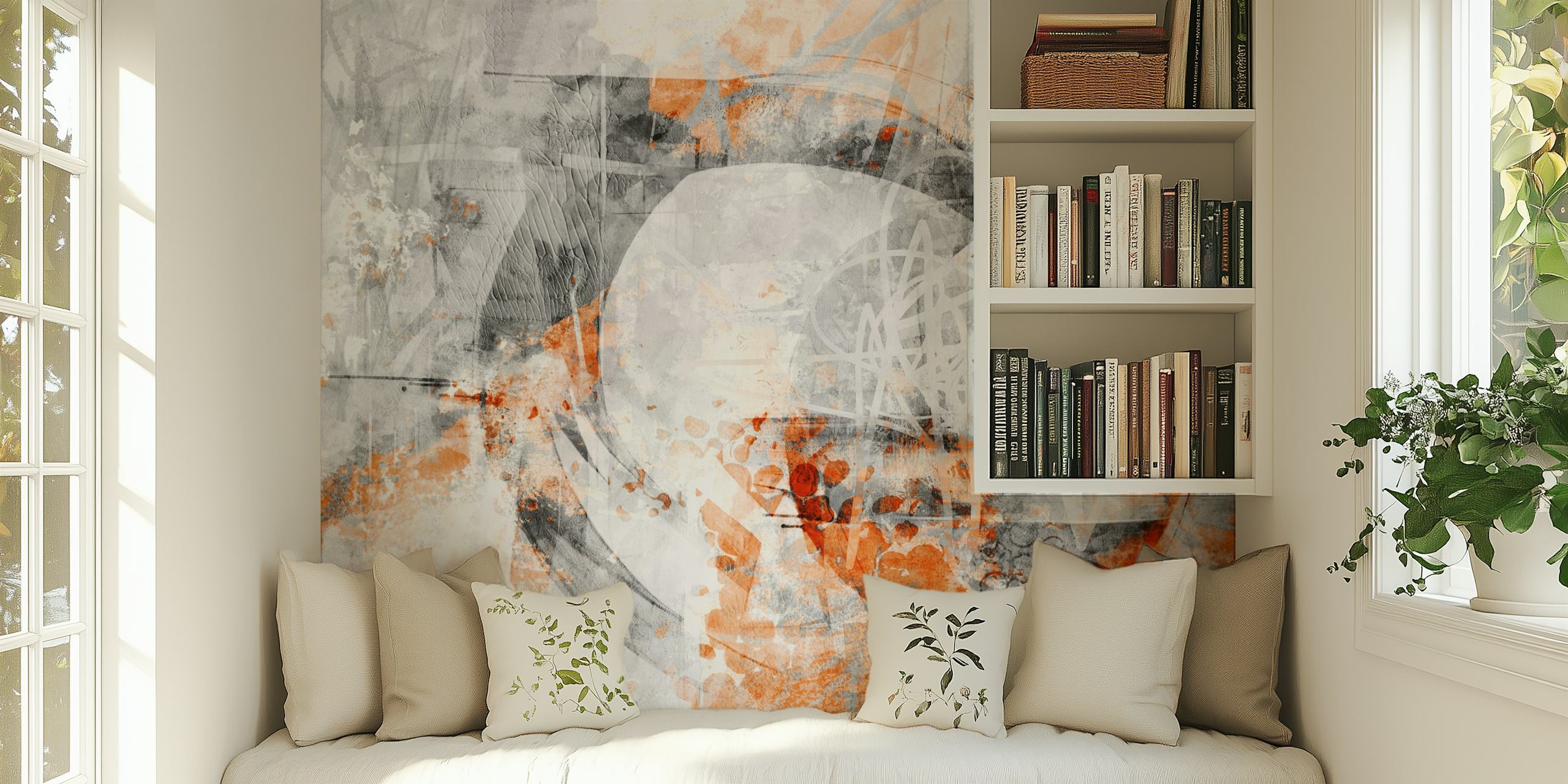 Modern contemporary art wallpaper in orange and grey