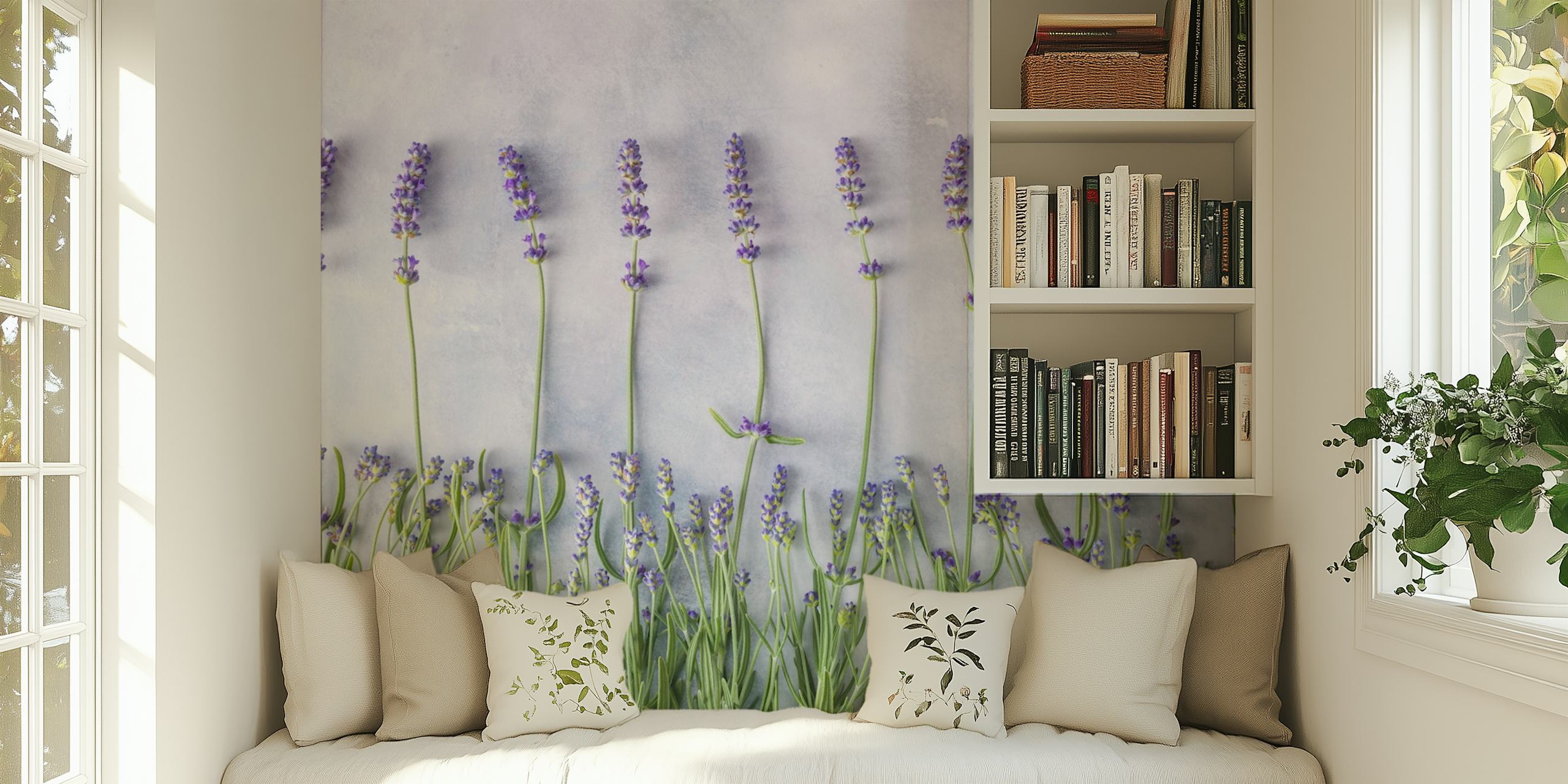 Row of lavender flowers on a soft gray background wallpaper