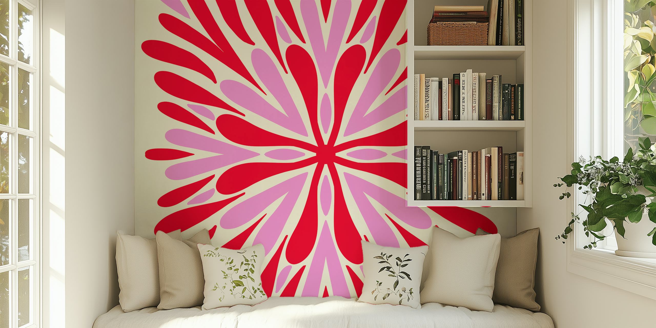 Modern Symmetry Petals - Rød og Rosa blomstertapetdesign