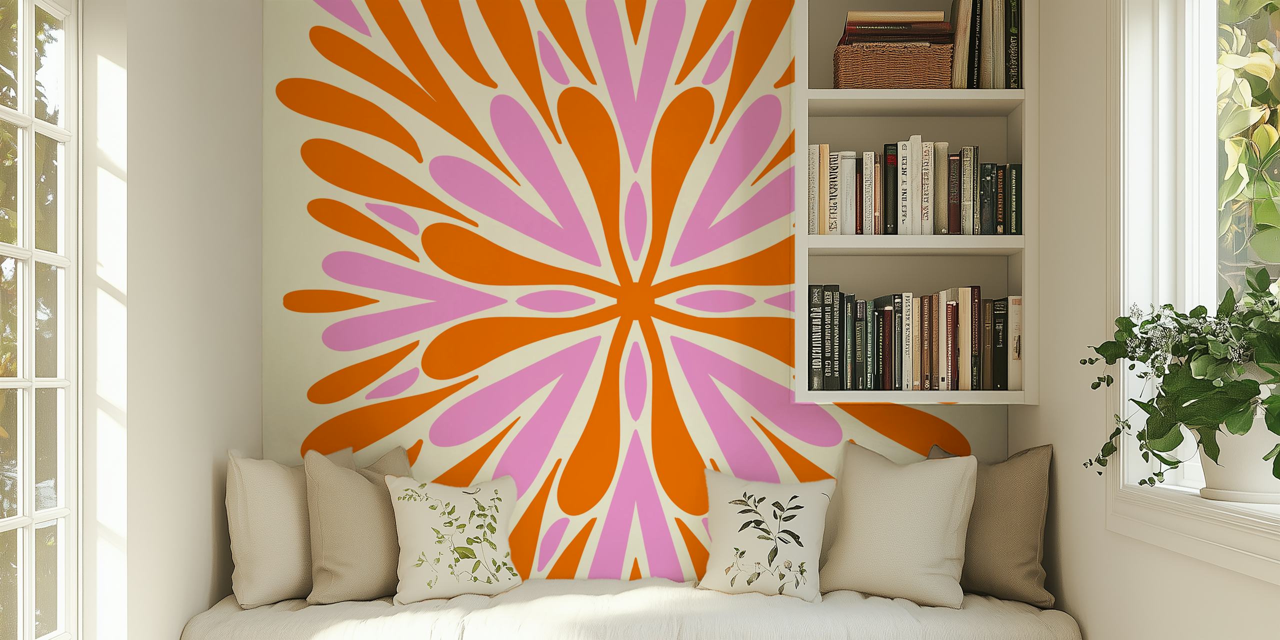 Floral pattern with orange and pink petals, modern wallpaper