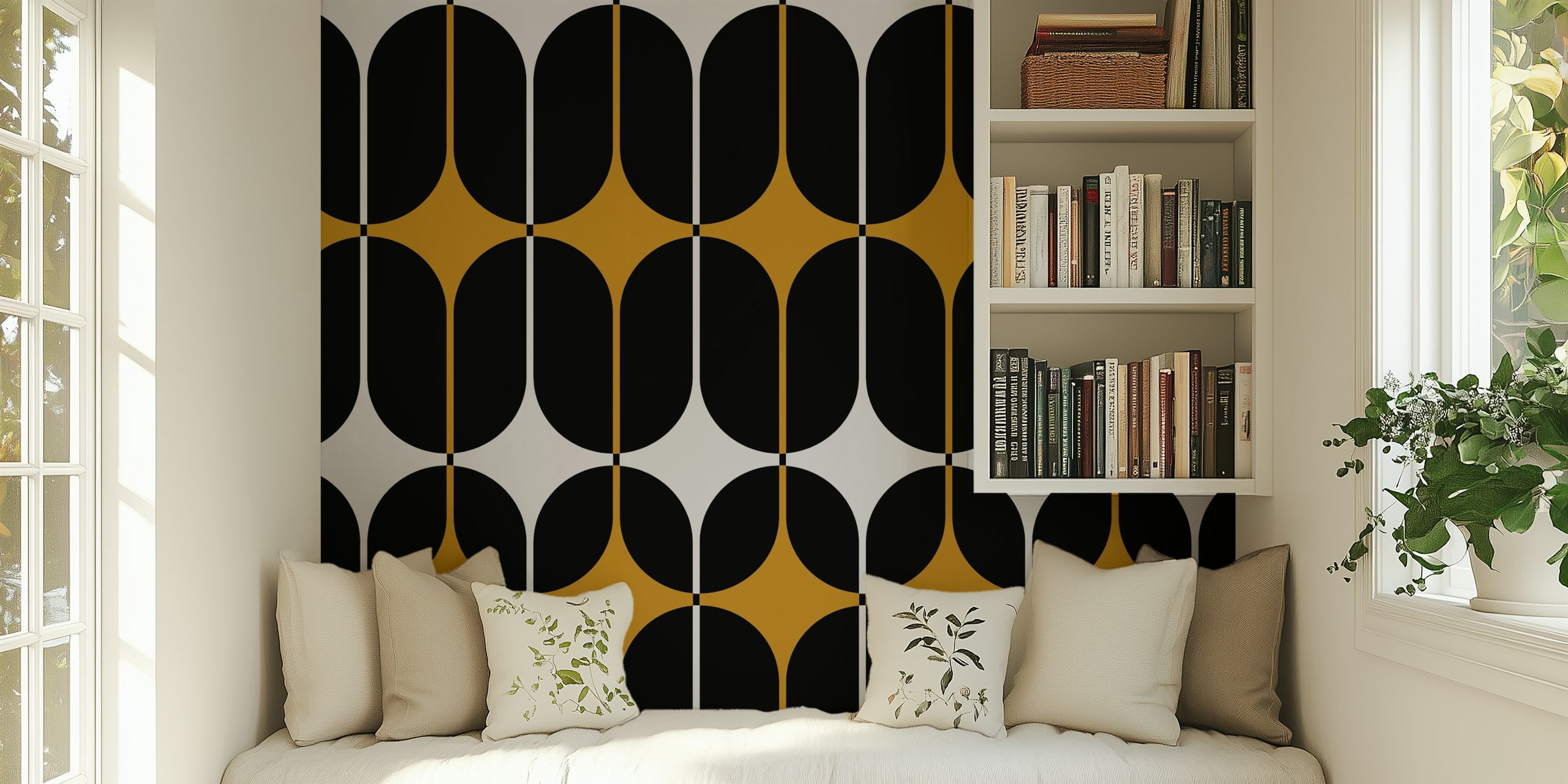 Muted gold and black geometric shapes wall mural in mid-century modern style