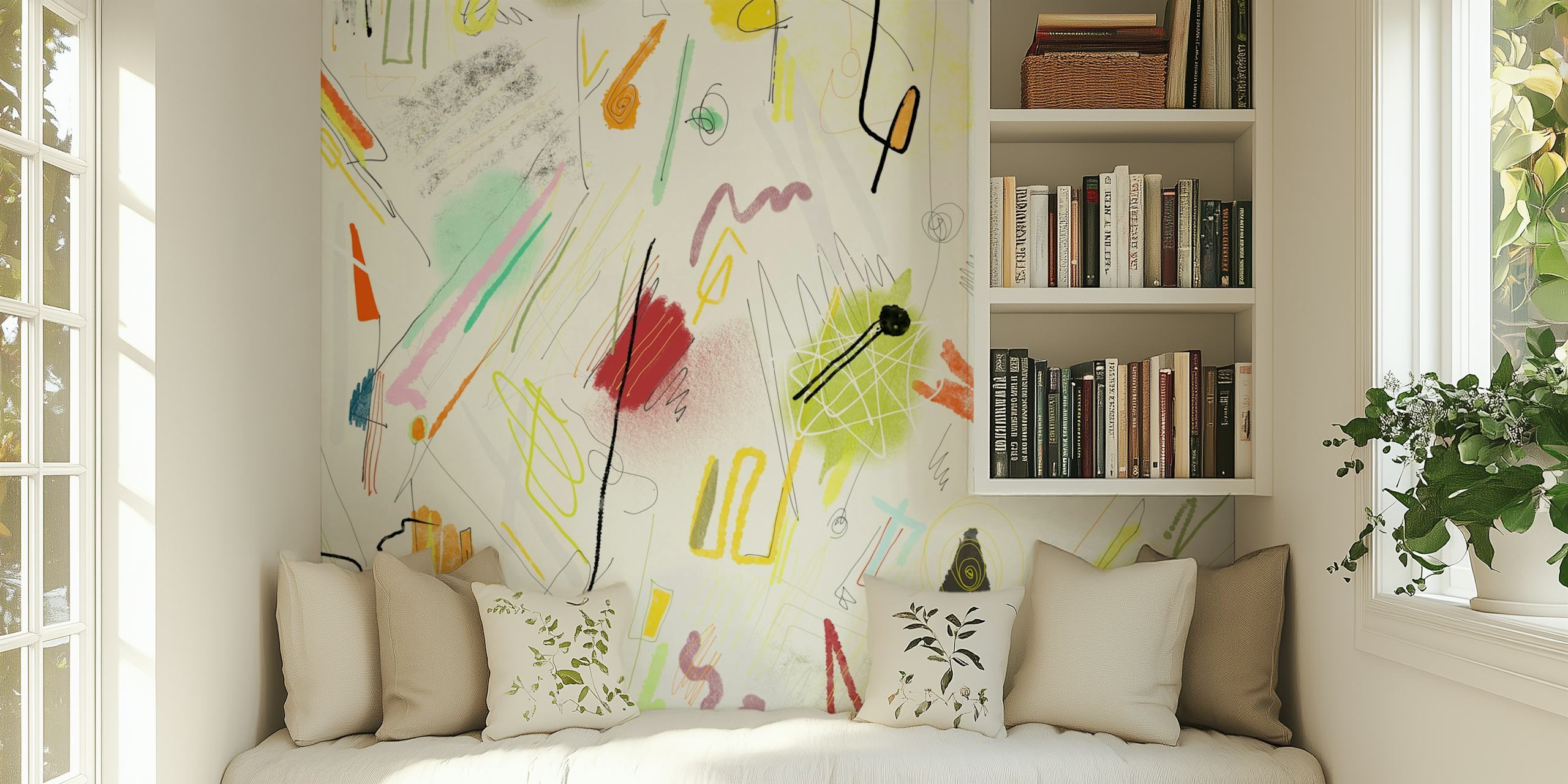 Colorful abstract shapes in yellow, red, green, and black wallpaper