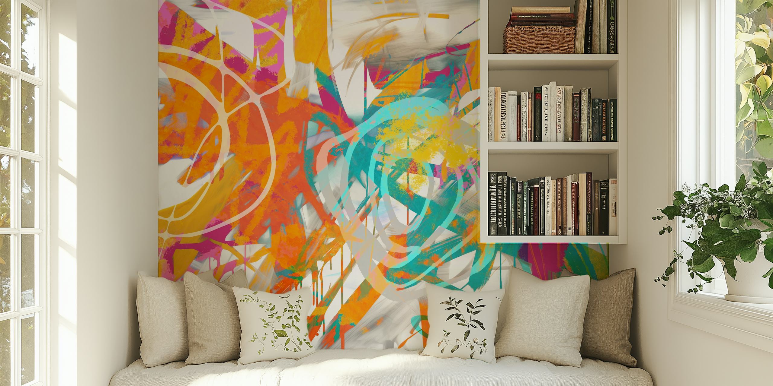 Colorful abstract wall mural in a modern contemporary art style with vivid strokes and splashes
