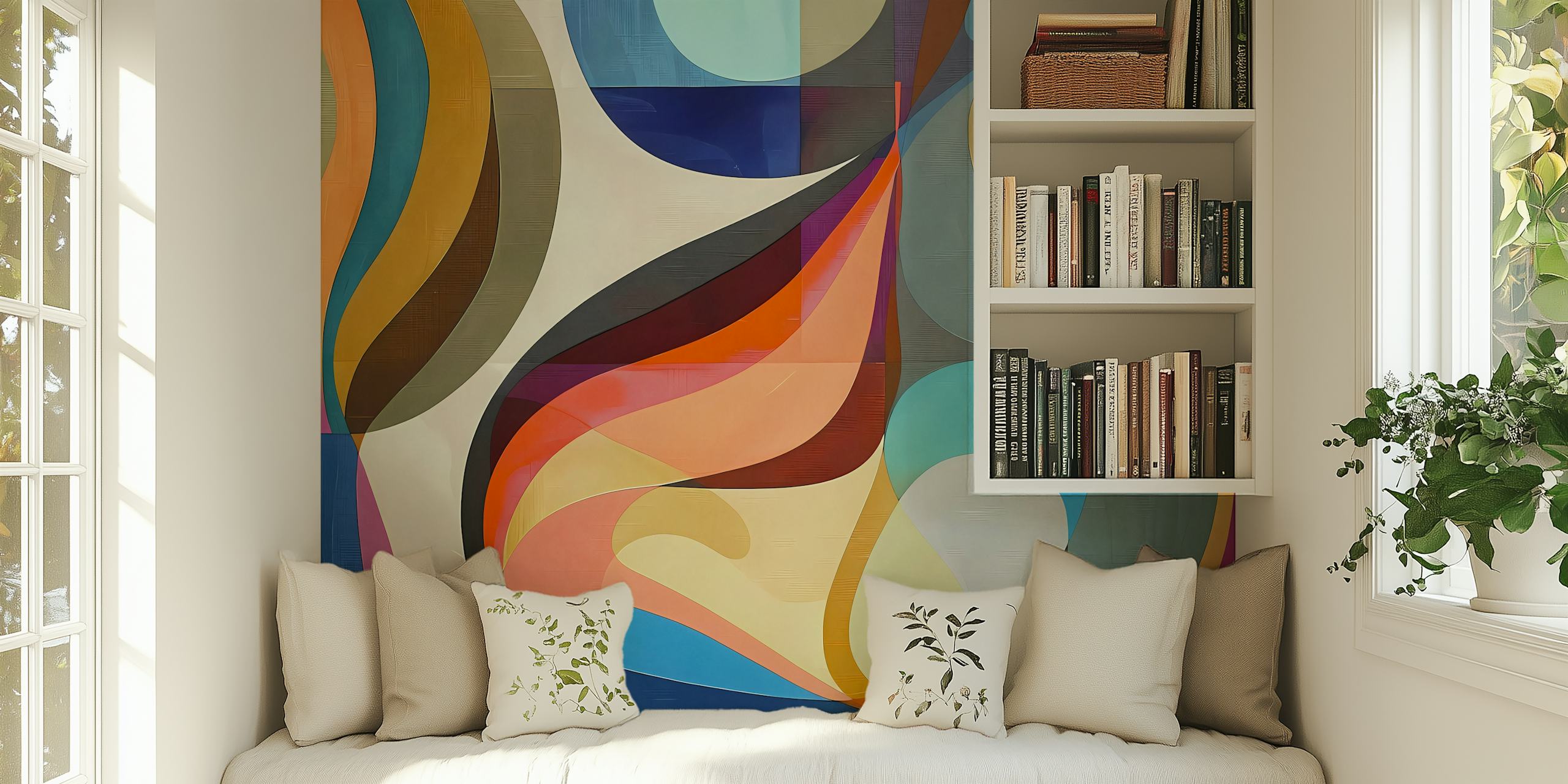 Abstract wall mural with a mix of bold curves and pastel colors