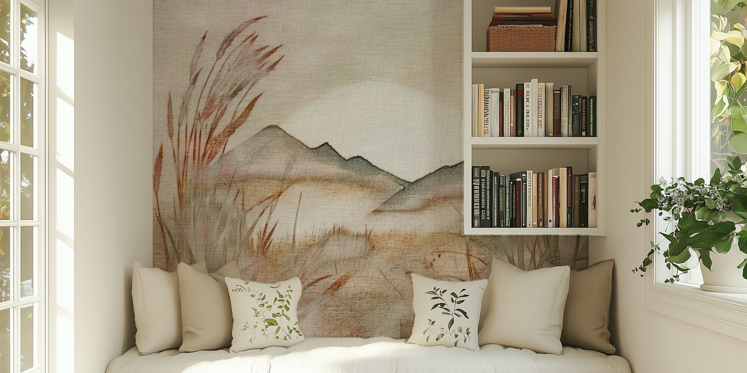 Beige Japandi mountains with grass and soft sunlight; artistic wallpaper