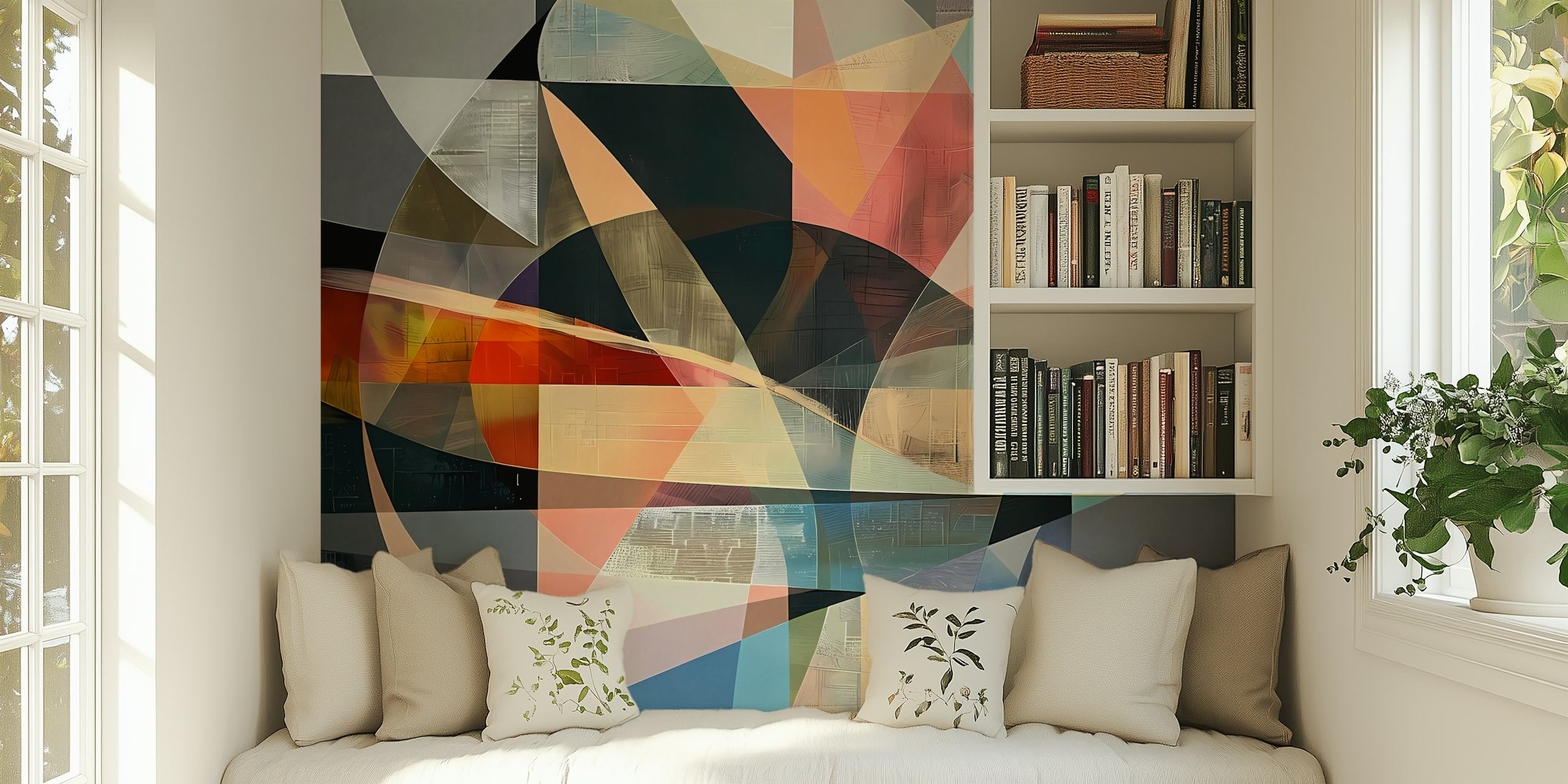 Colorful overlapping shapes wallpaper in a room
