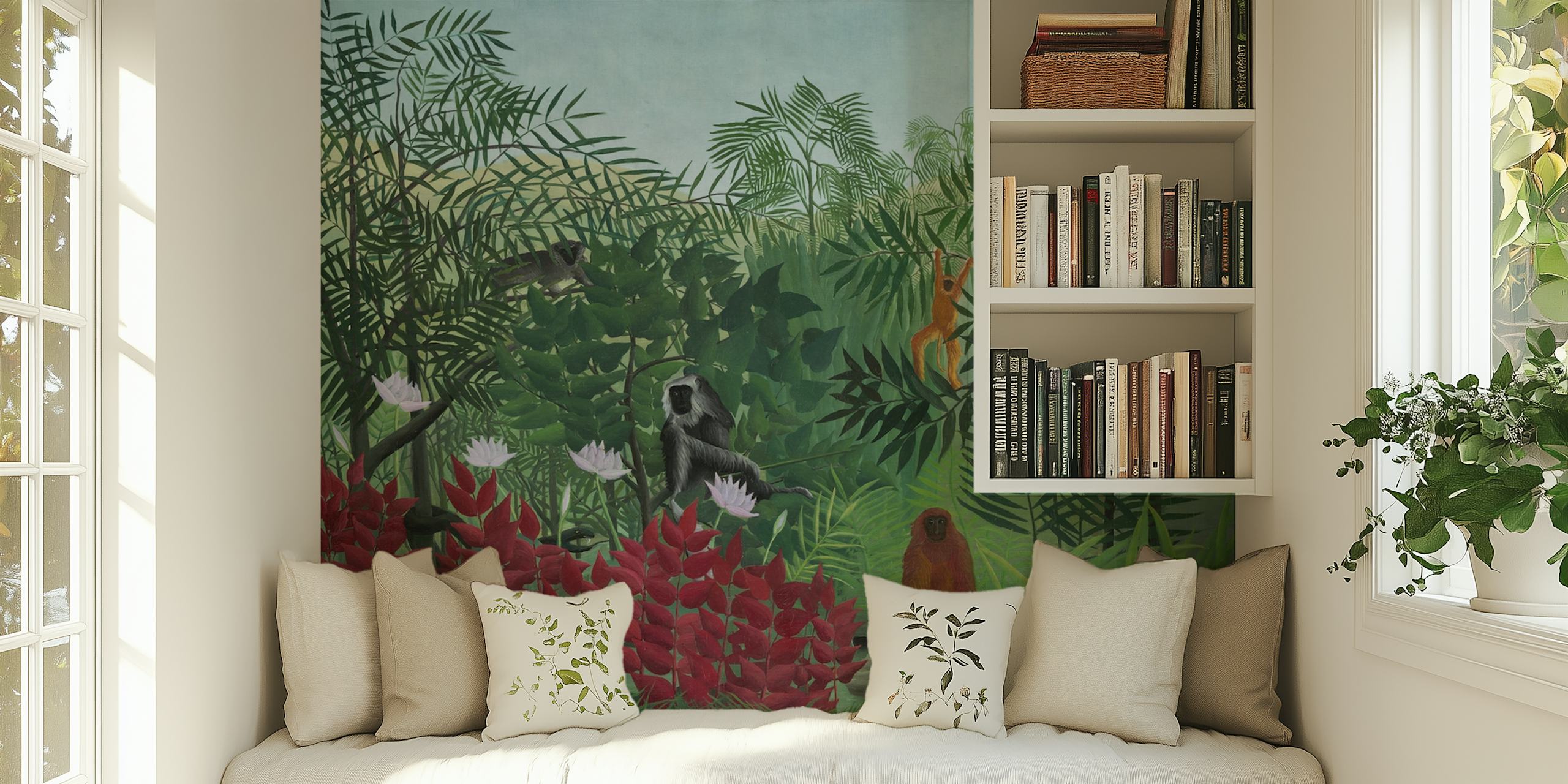 Wall mural depicting a tropical forest scene with monkeys, inspired by Henri Rousseau's art style.