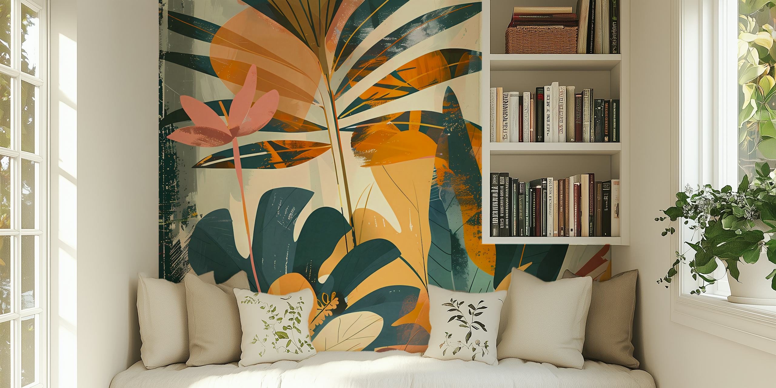 Barevná abstraktní nástěnná malba tropické zahrady s živými botanickými prvky