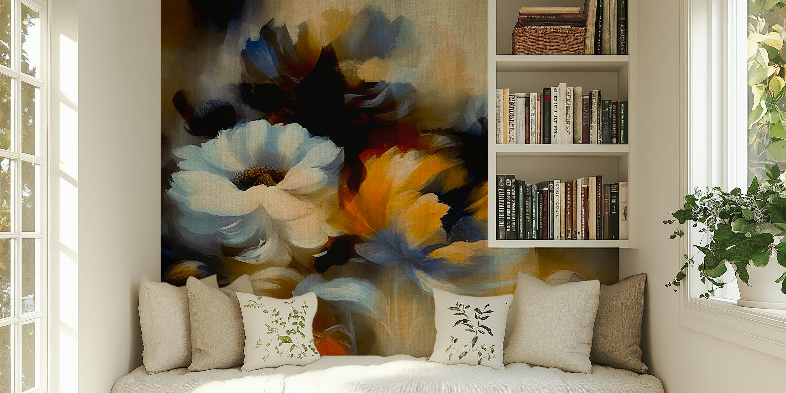 Colorful flowers in autumn hues of yellow and blue watercolor style wallpaper