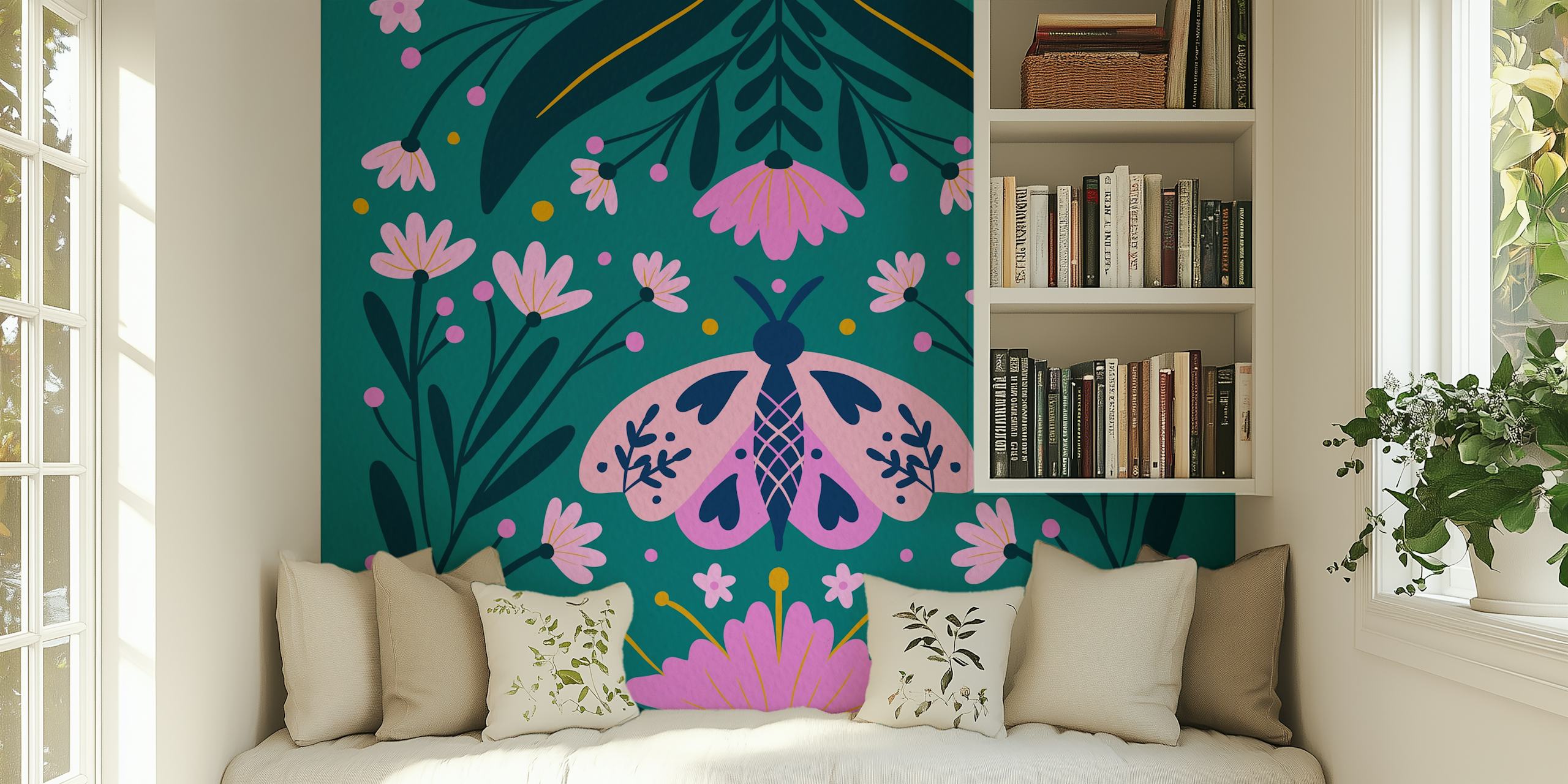 Pink moth and flower pattern on teal background wallpaper
