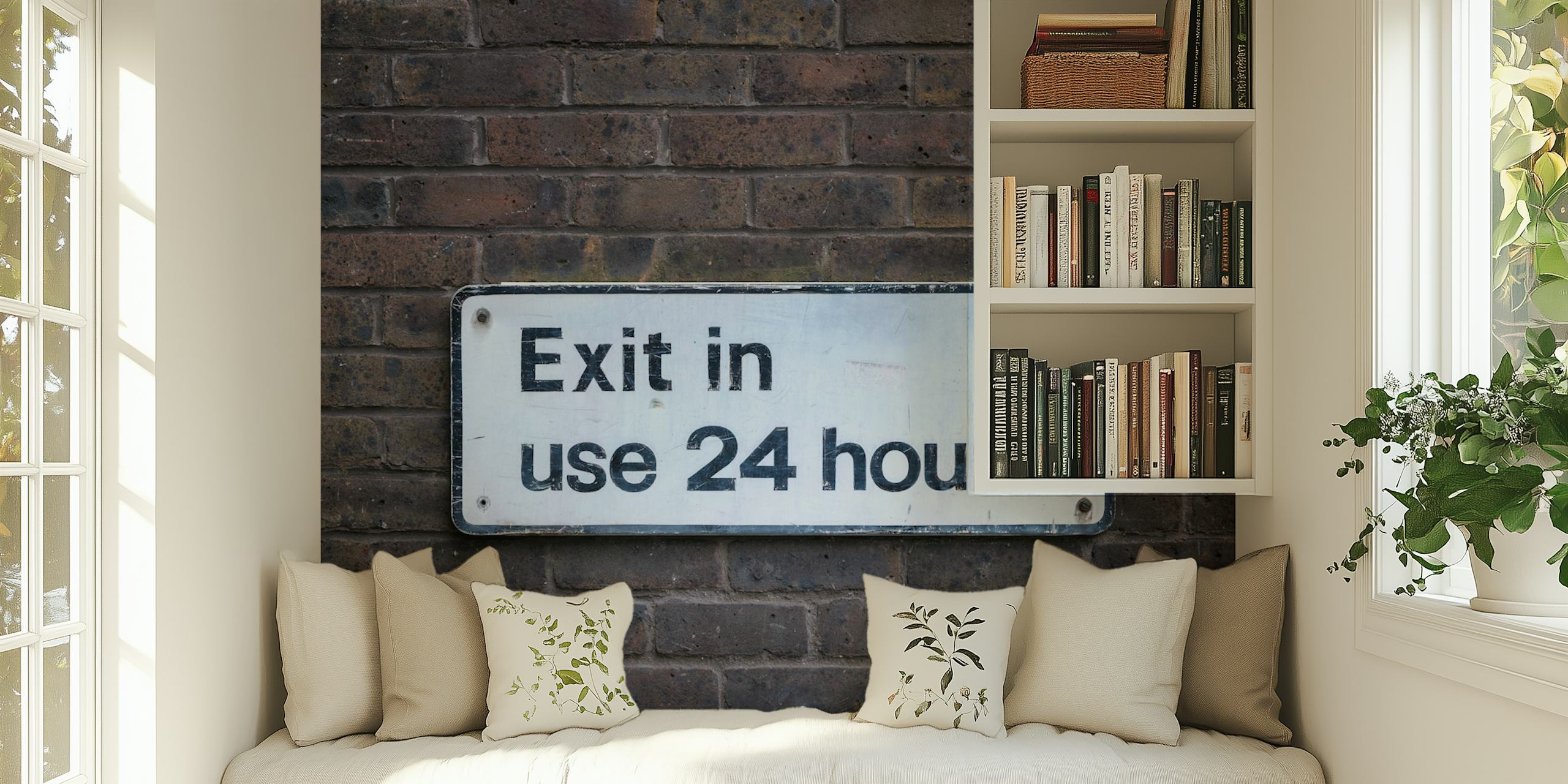 Sign board on brick wall