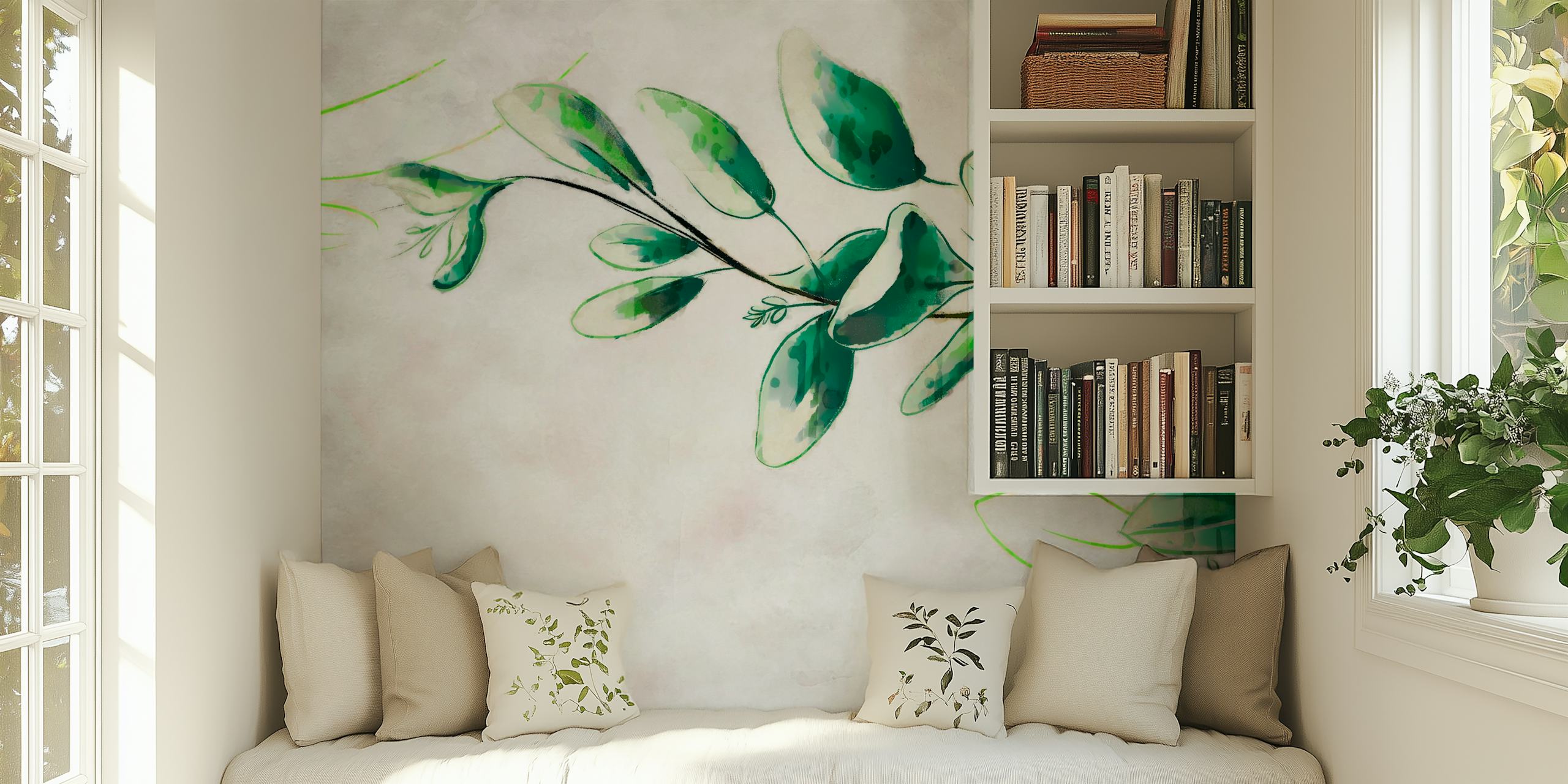 Painted leaves wallpaper in a room setting