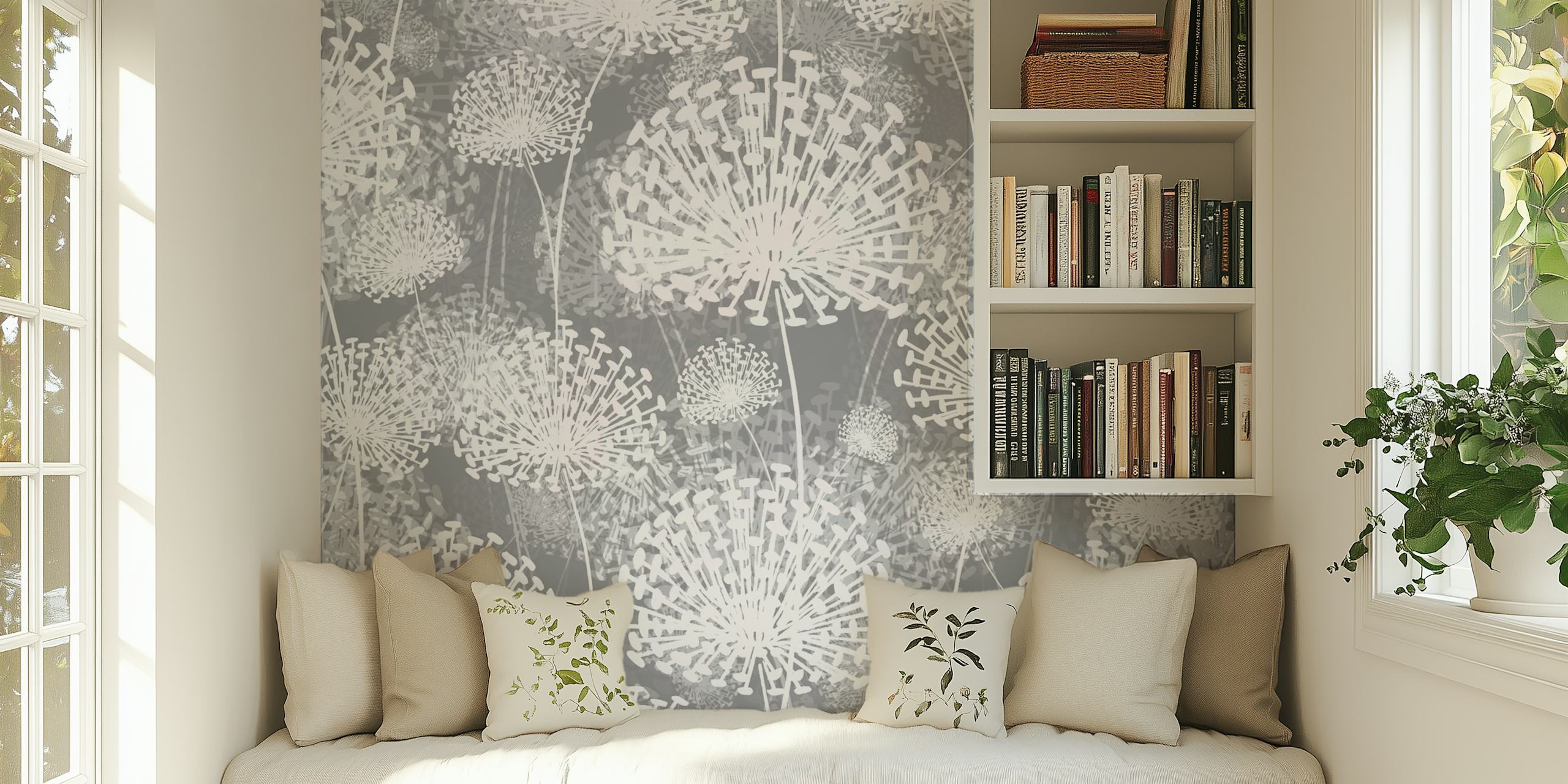 Gray floral dandelion pattern wallpaper