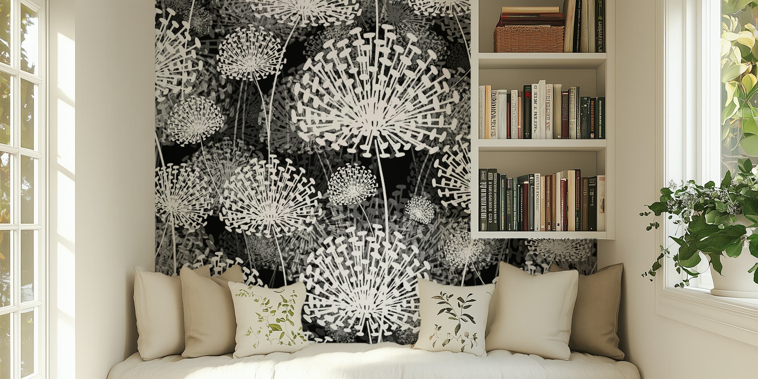 Carta da parati Dandelions in bianco e nero in una stanza