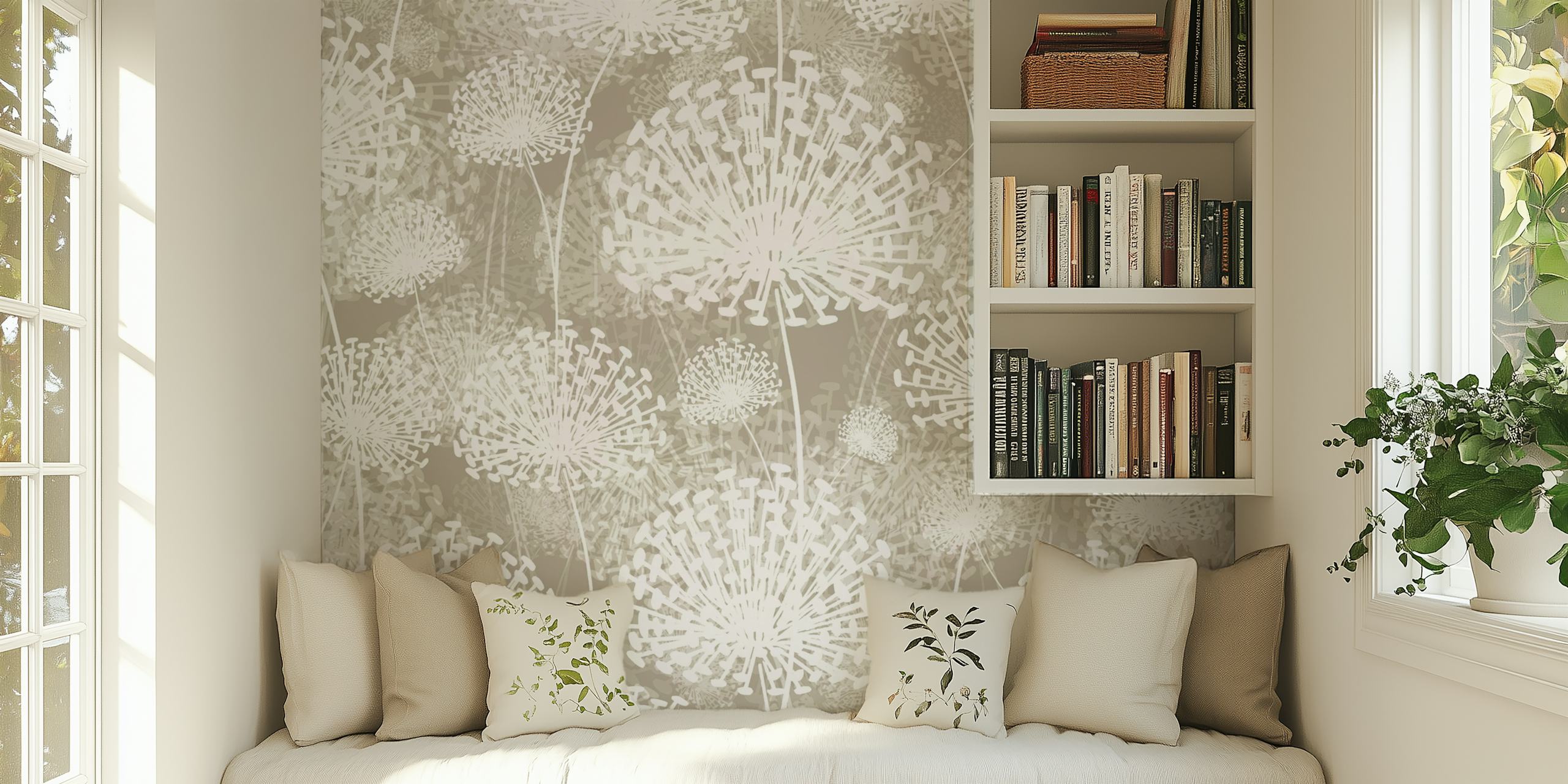 Beige floral dandelion pattern wallpaper