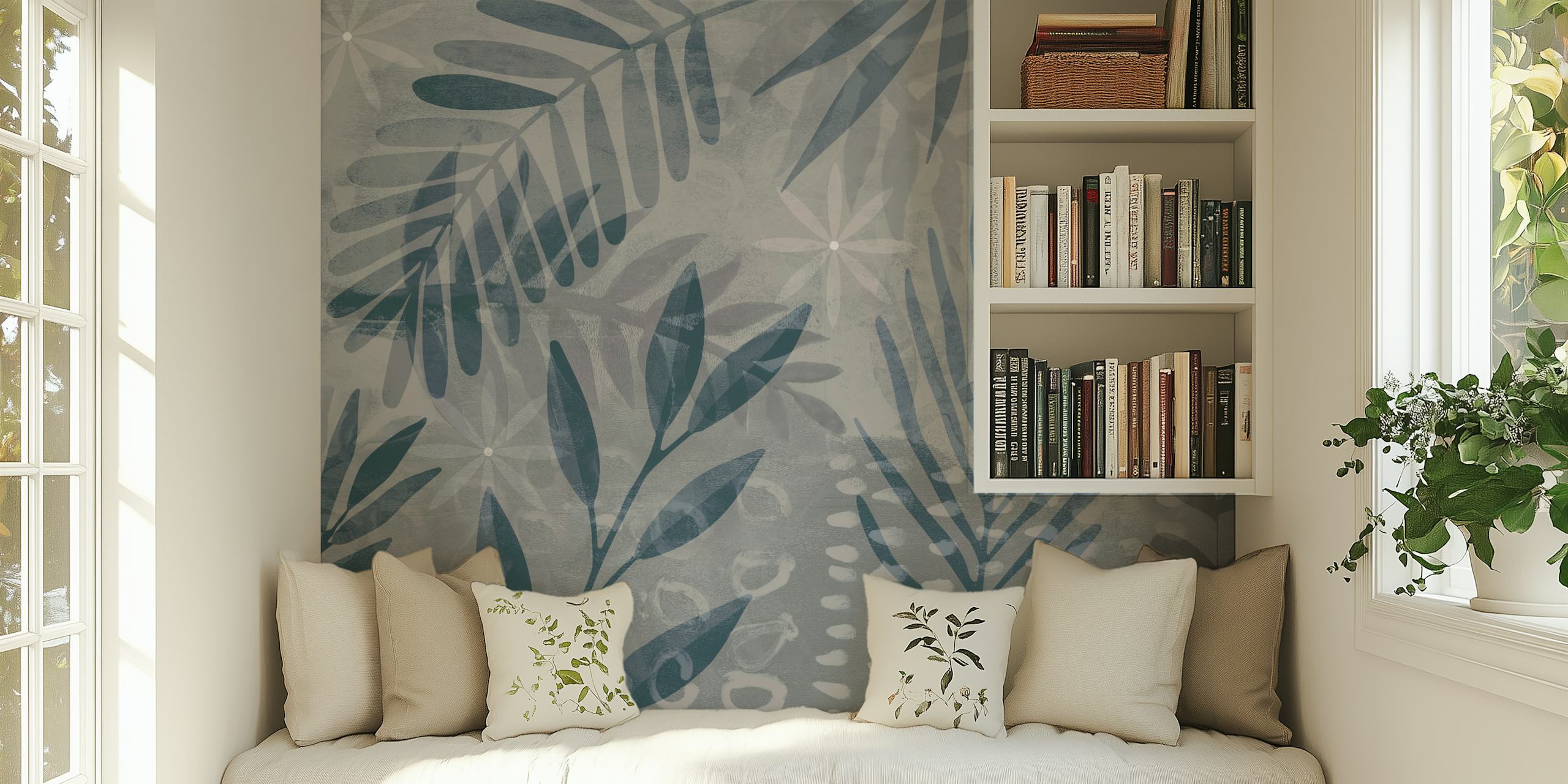 Tropical leaf patterns in blue and grey hues wallpaper