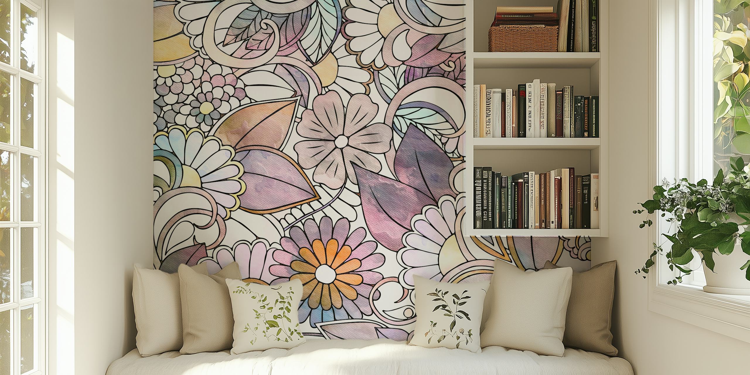 Elegant soft floral pattern wall mural with pastel colors and vintage feel