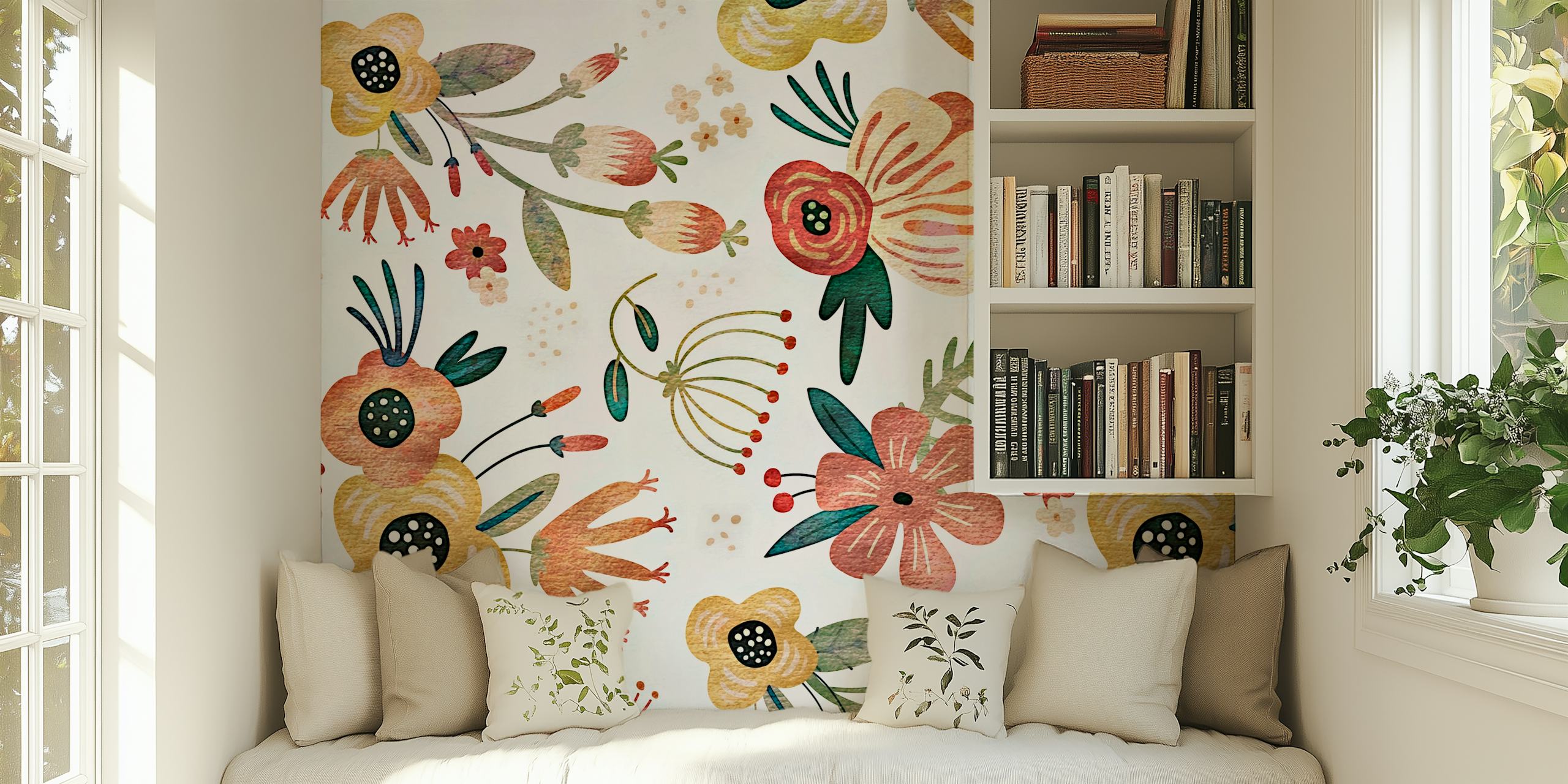 Rustic Floral Watercolor wall mural with soft pastel flowers