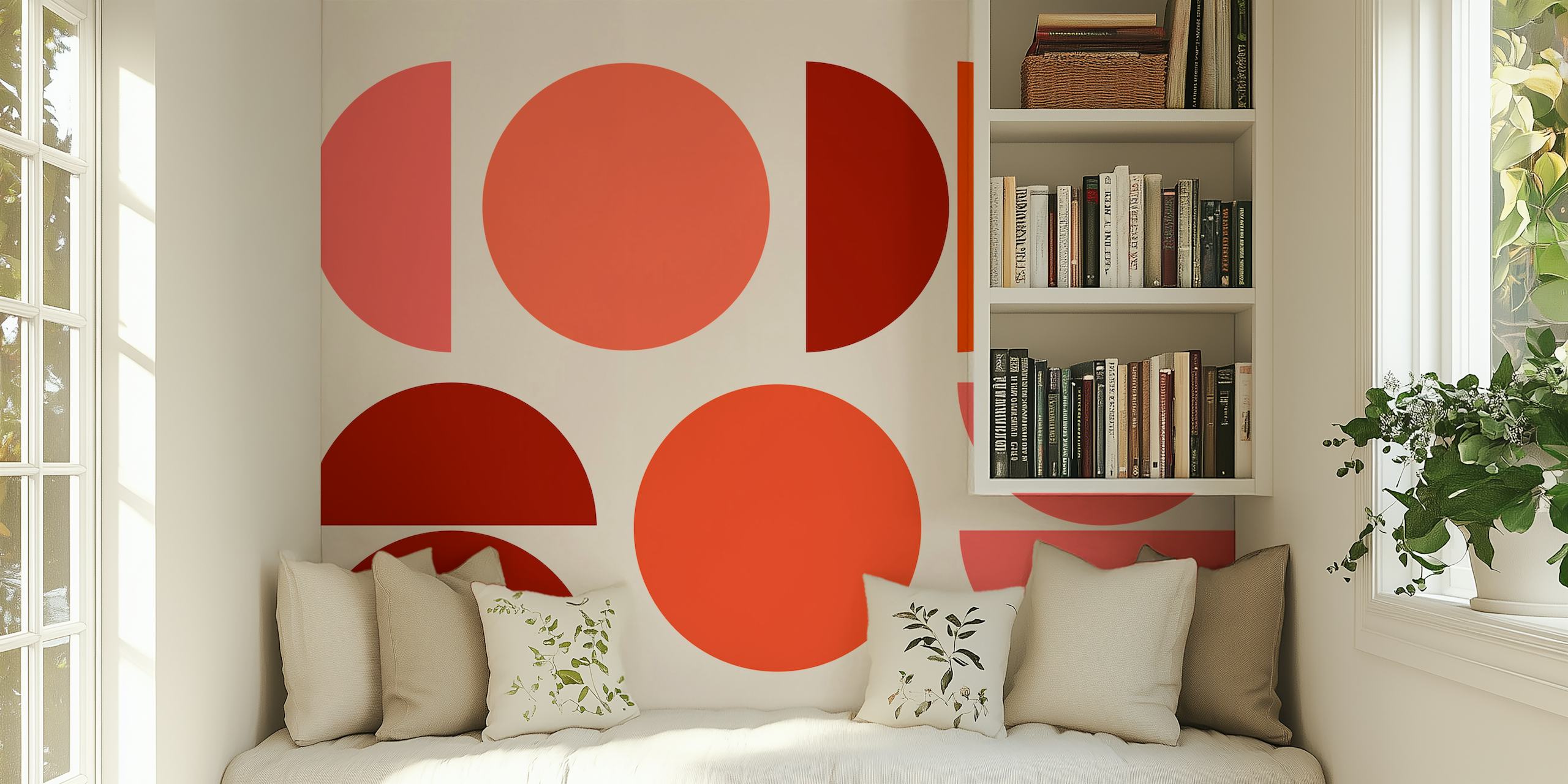 Colorful geometric shapes in red, pink, and coral on beige wallpaper