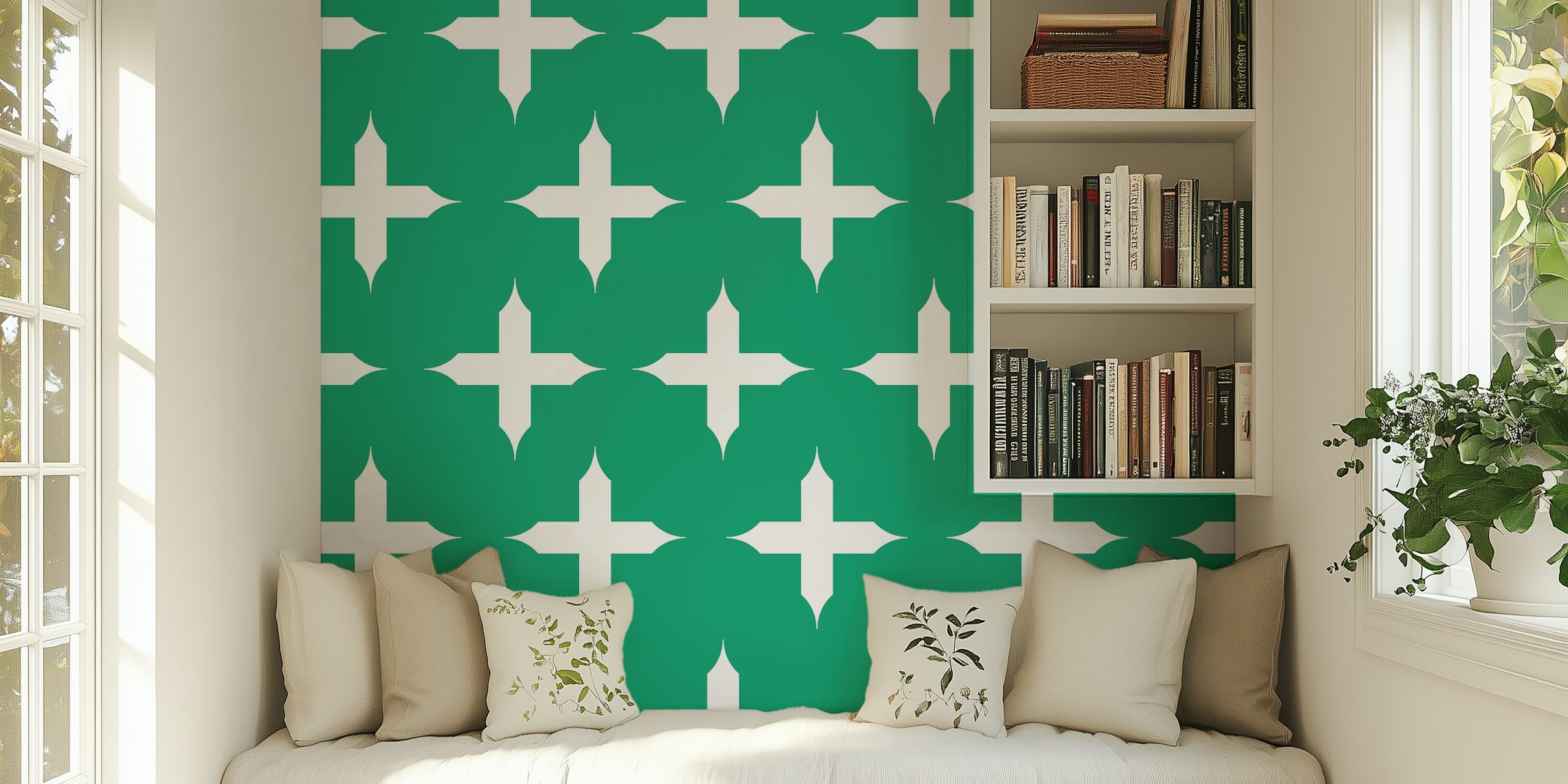 Moss green cross pattern wallpaper in a room