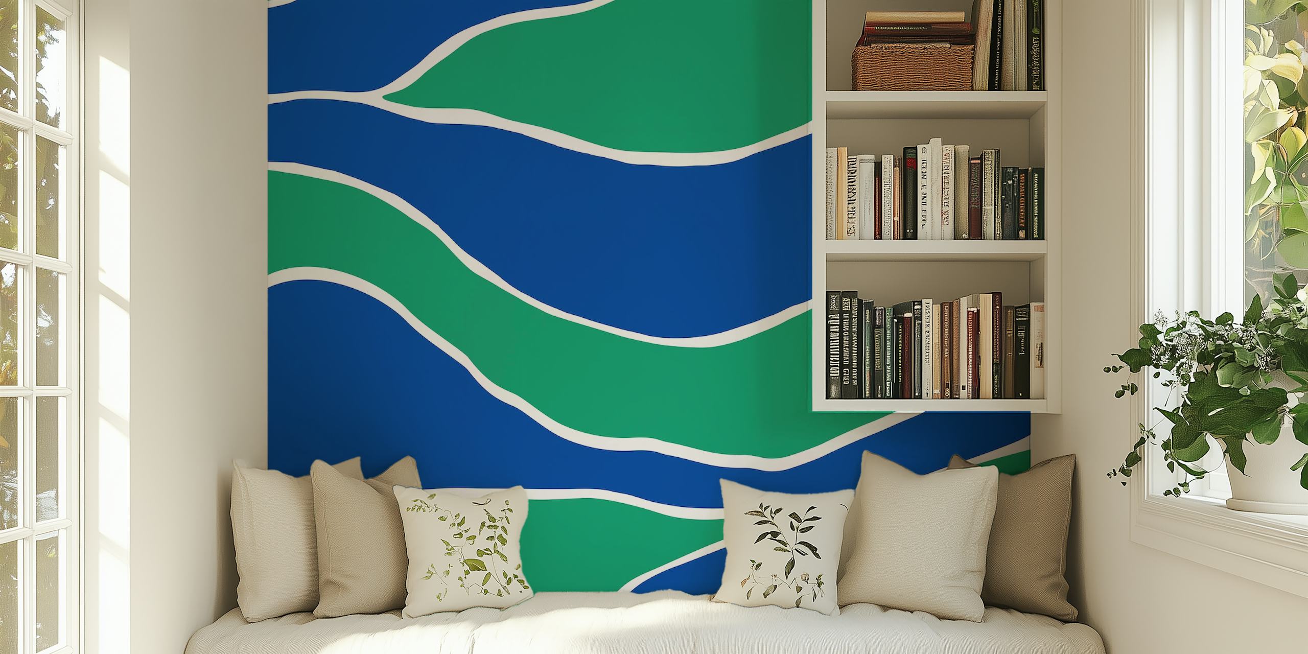 Cobalt Blue Green abstract hand-drawn lines wall mural